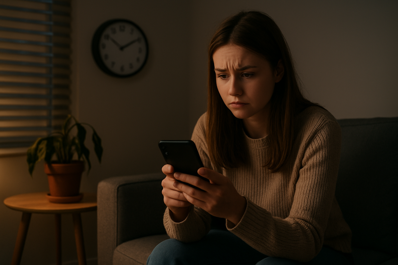 Create a realistic image of a young white female sitting on a modern couch looking concerned while staring at her smartphone screen, with subtle warning signs visible around her including an analog clock showing late hours, a wilted plant on a nearby table, and dim evening lighting filtering through window blinds creating shadows in a contemporary living room setting, absolutely NO text should be in the scene.