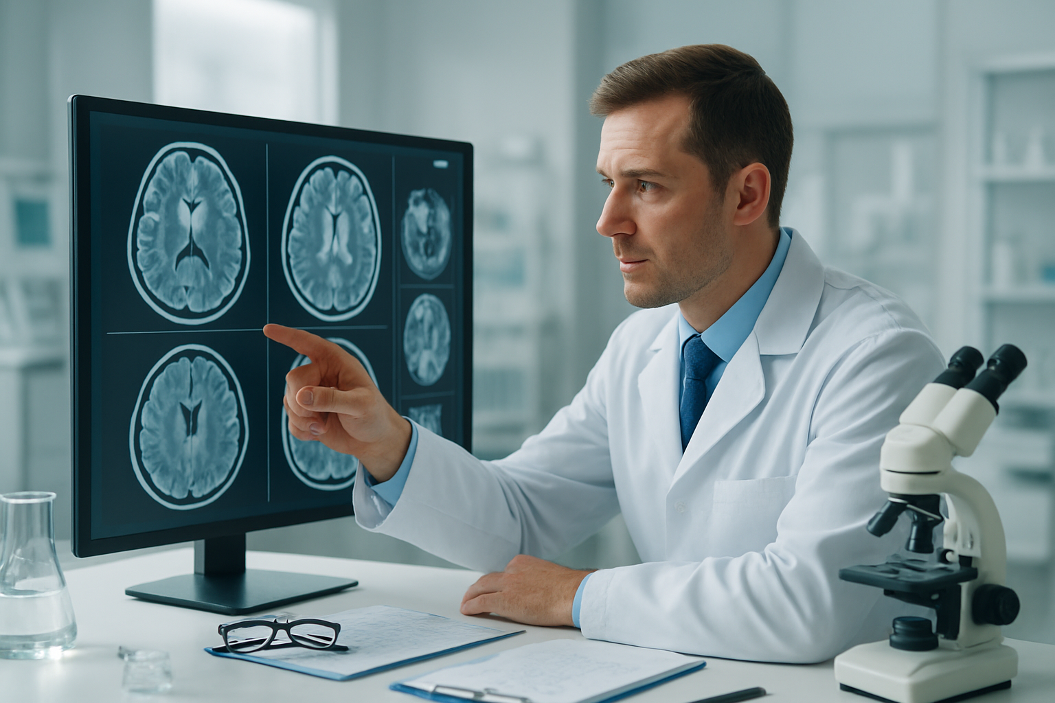 Create a realistic image of a medical breakthrough scene showing a white male doctor in a white coat examining brain scan images on a large monitor displaying detailed brain imagery, with medical equipment and research materials scattered on a modern laboratory desk, soft clinical lighting illuminating the scene, conveying hope and scientific progress in a sterile hospital or research facility environment, absolutely NO text should be in the scene.