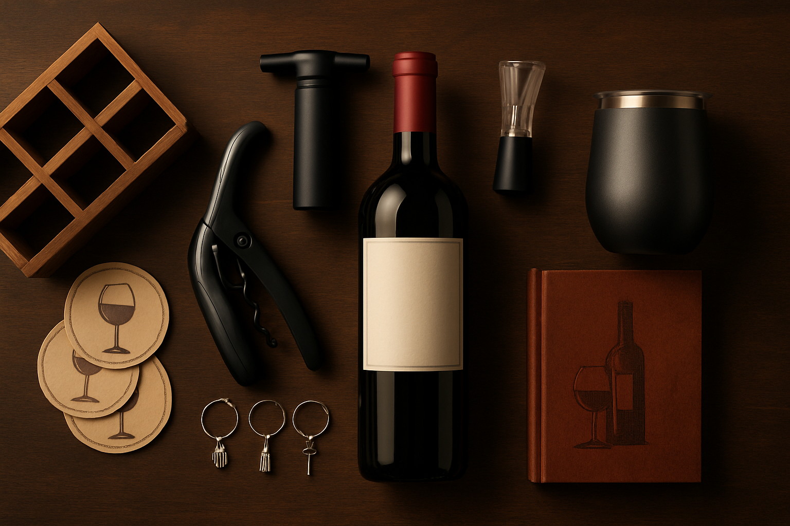 Best Wine Gifts Under $50 (2026 Guide) Create a realistic image of an elegant flat lay arrangement on a dark wooden table featuring various wine gifts under $50 including a sleek wine bottle opener, wine preservation vacuum pump, aerator, wine glass charms, a wooden wine rack, wine-themed coasters, portable wine tumbler, and a wine guidebook, all artfully arranged around a beautiful wine bottle with soft warm lighting casting gentle shadows, creating a sophisticated and inviting atmosphere that represents the perfect conclusion to a wine gift guide, absolutely NO text should be in the scene.