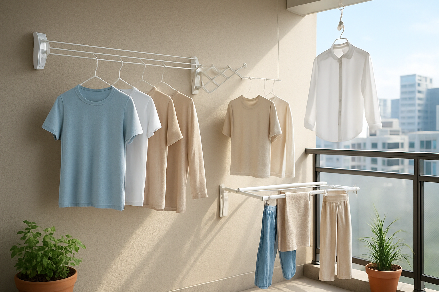 Create a realistic image of a small apartment balcony showcasing multiple clothes drying solutions including a wall-mounted retractable clothesline, a compact accordion-style drying rack, an over-the-railing drying bar, and a ceiling-mounted pulley system, with various types of clothing items hanging to dry, potted plants in the corners, urban cityscape visible in the background, bright natural daylight creating a clean and organized atmosphere, absolutely NO text should be in the scene.