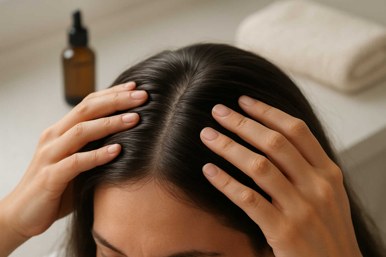 Create a realistic image of a close-up view of a healthy human scalp with thick, well-conditioned hair being gently massaged with fingertips, showing proper scalp care techniques, with natural lighting highlighting the hair's shine and healthy texture, alongside subtle elements like a bottle of scalp treatment oil and a soft towel in the background on a clean, minimalist bathroom counter, conveying a sense of wellness and preparation, absolutely NO text should be in the scene.