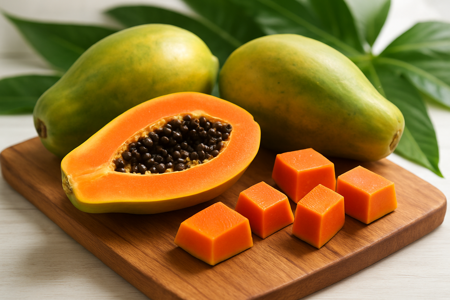 Create a realistic image of fresh whole papayas and cut papaya pieces showcasing the vibrant orange flesh and black seeds, arranged on a wooden cutting board with tropical leaves in the background, bright natural lighting highlighting the fruit's rich colors and textures, clean kitchen or tropical setting atmosphere. Absolutely NO text should be in the scene.
