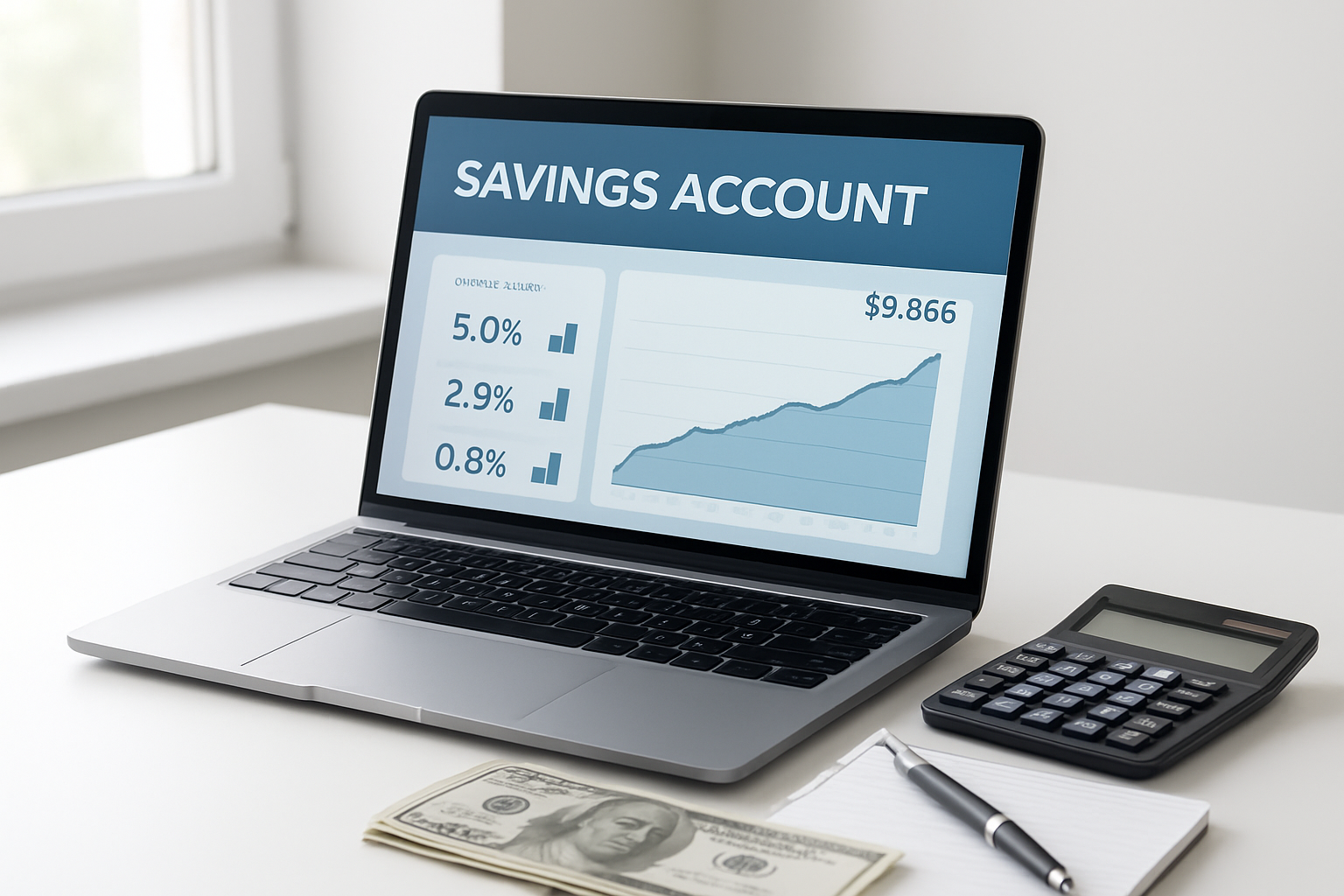 Create a realistic image of a modern digital banking interface displayed on a laptop screen showing a savings account dashboard with interest rate percentages and account balance numbers, sitting on a clean white desk next to a calculator, some dollar bills, and a notepad with a pen, in a bright office environment with natural lighting from a window, conveying a professional and educational atmosphere about financial planning and savings growth mechanisms, absolutely NO text should be in the scene.