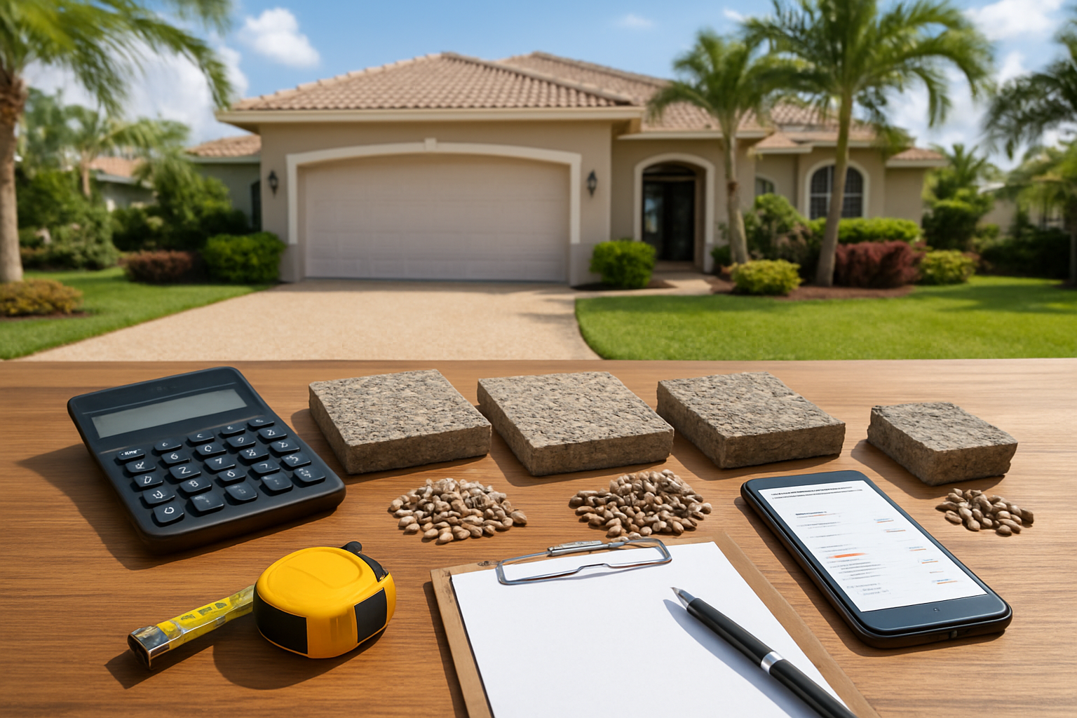 Create a realistic image of a residential scene showing different exposed aggregate driveway samples and cost consideration elements including a calculator, measuring tape, material samples of various aggregate stones and concrete mixtures, a clipboard with pricing sheets, and a smartphone displaying cost estimates, all arranged on a wooden table with a beautiful Florida home with an exposed aggregate driveway visible in the background, bright natural daylight lighting, professional and organized composition suggesting financial planning and investment decisions. Absolutely NO text should be in the scene.