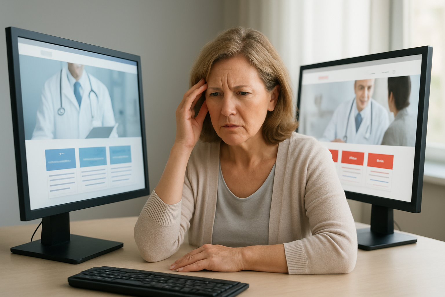 Create a realistic image of a split-screen composition showing two different medical websites on computer monitors side by side, with one displaying accurate professional medical information and the other showing conflicting or outdated health data, a concerned middle-aged white female patient sitting between the monitors looking confused and frustrated while comparing the contradictory information, modern office setting with soft natural lighting from a window, clean desk environment with subtle shadows, mood conveying uncertainty and distrust, absolutely NO text should be in the scene.