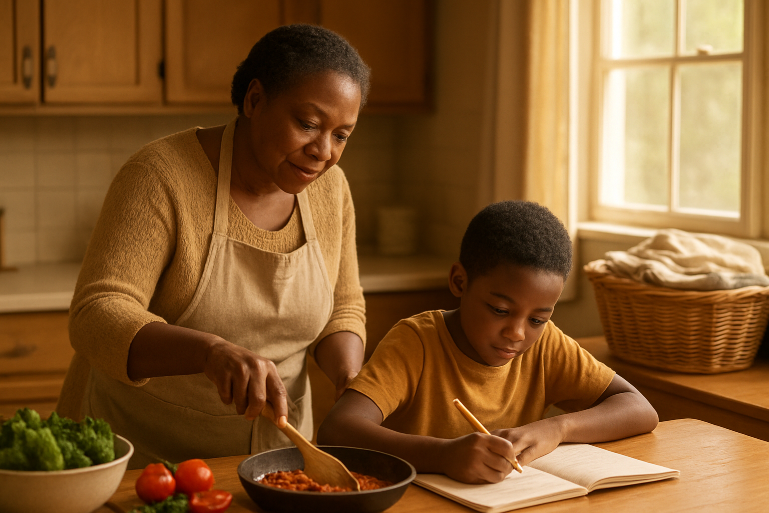 Create a realistic image of a middle-aged black woman in a warm kitchen setting, gently preparing a meal while simultaneously helping a young child with homework at the kitchen table, with soft natural lighting streaming through a window, showing her multitasking between cooking, cleaning, and nurturing, with visible elements like folded laundry in a basket, fresh ingredients on the counter, and a caring expression on her face that conveys quiet dedication and love, captured in a moment that represents everyday maternal sacrifice and care, with warm golden tones throughout the scene to emphasize the loving atmosphere, absolutely NO text should be in the scene.