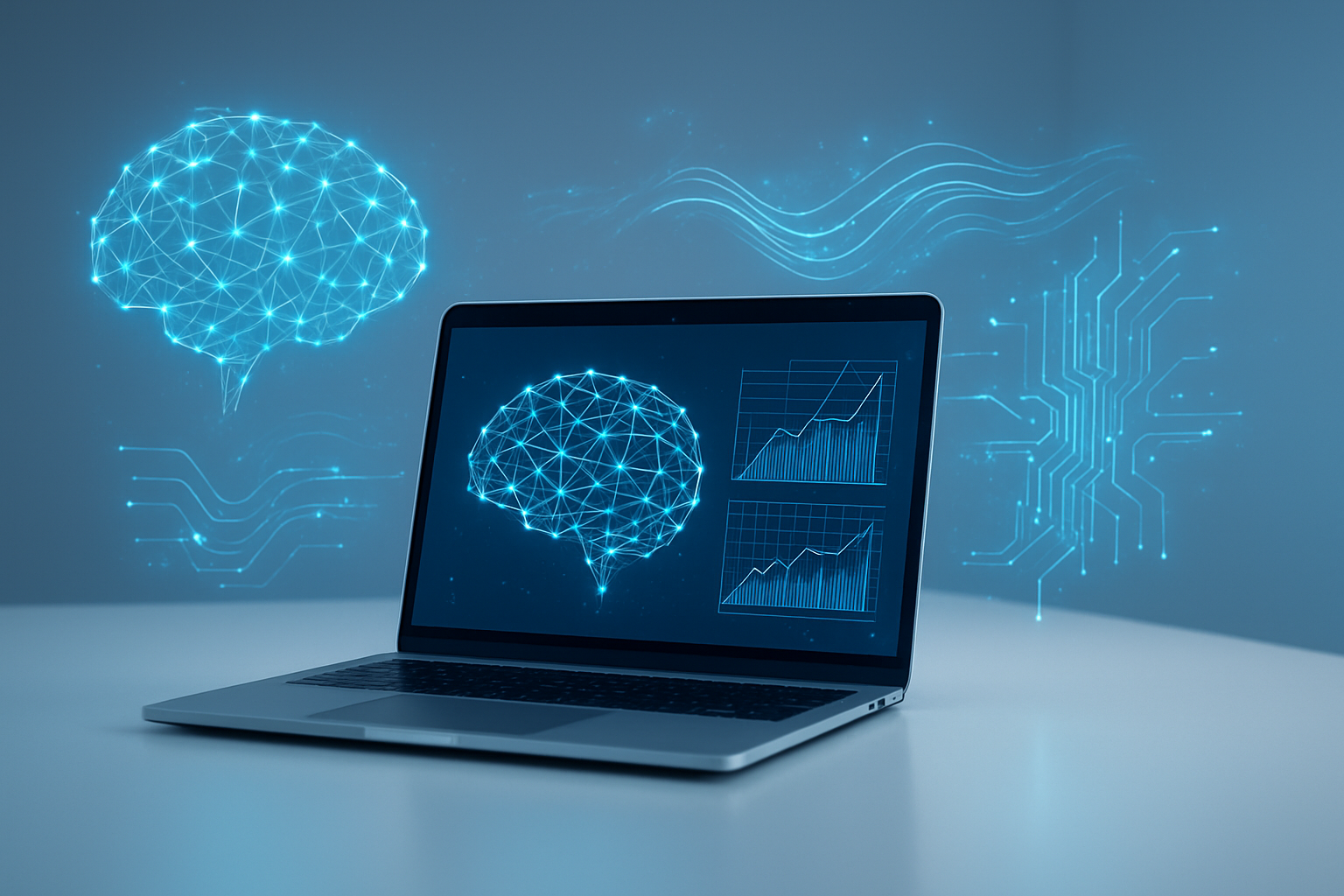 Create a realistic image of a modern digital workspace featuring an open laptop displaying a sleek interface with interconnected neural network nodes and data visualization charts, surrounded by floating holographic elements representing AI processing including brain-like network patterns, flowing data streams, and glowing circuit pathways, set against a clean minimalist background with soft blue and white lighting that creates a futuristic tech atmosphere, with subtle reflections on the laptop screen and gentle ambient glow from the digital elements, absolutely NO text should be in the scene.