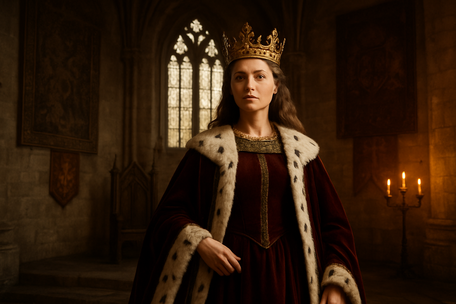 Create a realistic image of a regal white female medieval queen in ornate golden crown and rich burgundy velvet robes with ermine trim, standing confidently in a grand stone castle throne room with tall Gothic arched windows, ornate tapestries on the walls, and warm candlelight creating dramatic shadows, with royal banners and coat of arms visible in the background, capturing a sense of power, authority and historical grandeur from the medieval period. Absolutely NO text should be in the scene.