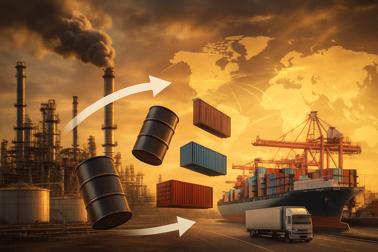 Create a realistic image of a split-screen composition showing oil price fluctuations and their impact on global supply chains, featuring a large oil refinery with smokestacks and storage tanks on the left side, connected by flowing arrow graphics to a busy international shipping port on the right side with cargo containers, freight trucks, and container ships, set against a dramatic sky with warm golden lighting suggesting economic turbulence, include floating oil barrels and shipping containers in the middle ground to represent the connection between energy and logistics, with a world map overlay showing trade routes as glowing lines, absolutely NO text should be in the scene.