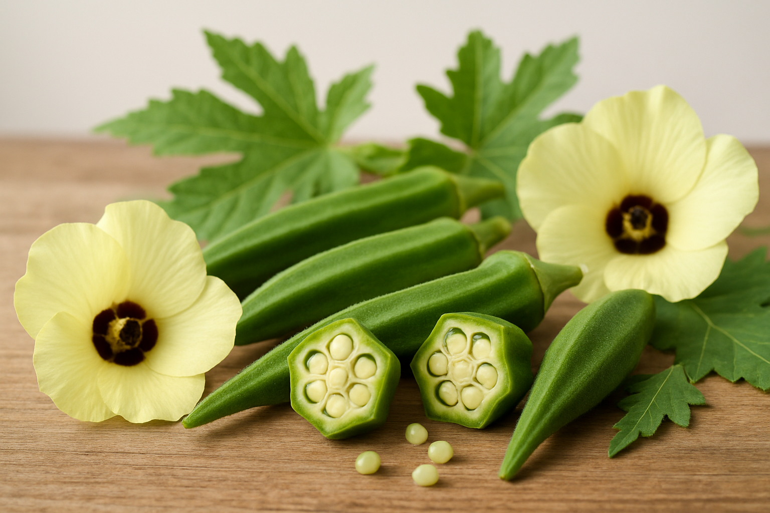 Create a realistic image of fresh okra pods in various stages of development arranged on a natural wooden surface, showing the botanical cross-section of an okra pod revealing seeds inside, alongside okra flowers with yellow petals and dark centers, and green okra leaves, with soft natural lighting highlighting the plant's anatomical details, set against a clean white background with shallow depth of field, absolutely NO text should be in the scene.