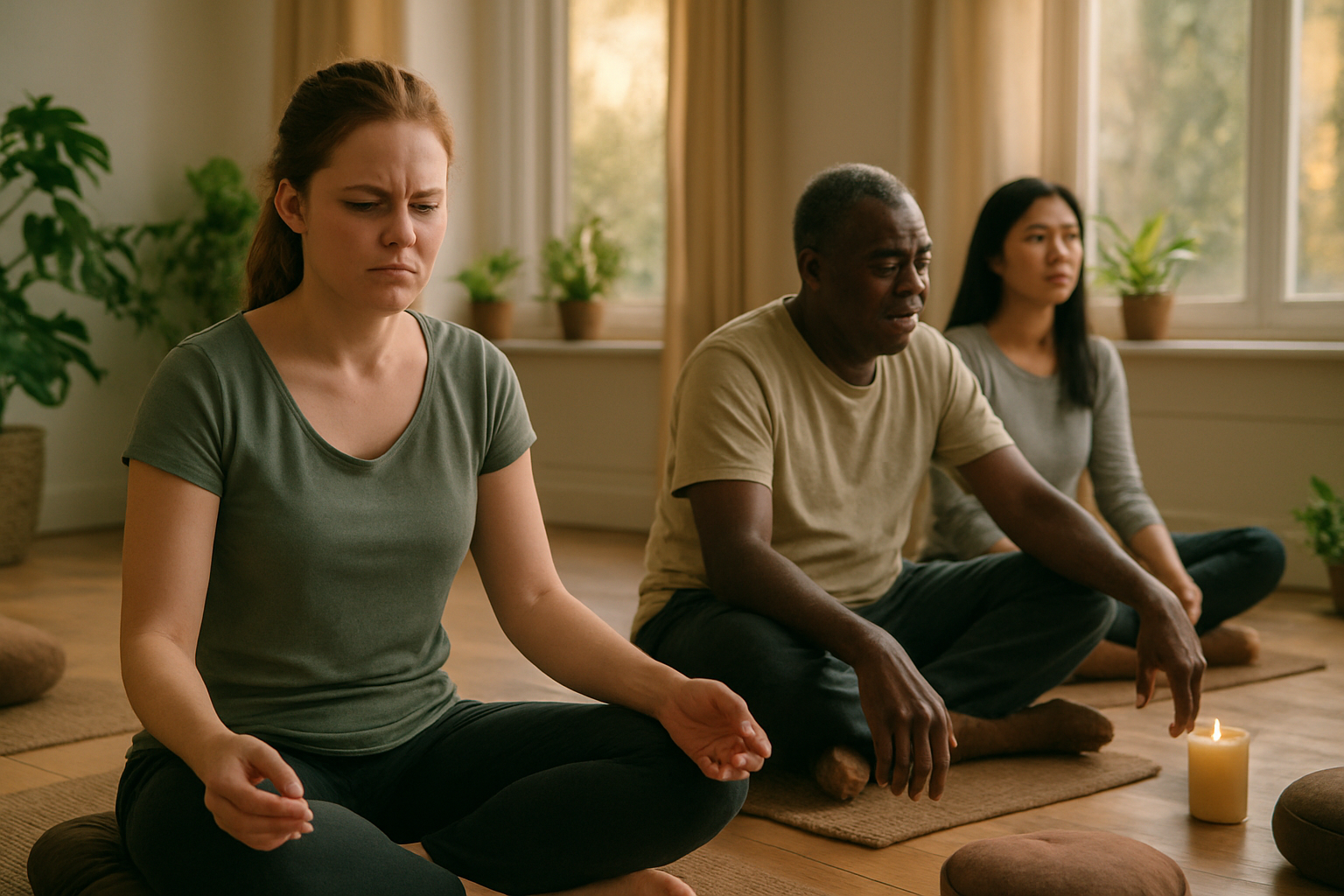 Create a realistic image of a diverse group of people in a peaceful meditation room facing various meditation obstacles, showing a young white female looking frustrated while sitting cross-legged with a furrowed brow, an older black male appearing restless and shifting uncomfortably on his meditation cushion, and an Asian female in the background looking distracted with her eyes partially open, all surrounded by meditation props like cushions, candles, and plants in soft natural lighting that creates a calm yet slightly tense atmosphere, with warm golden hour light filtering through large windows. Absolutely NO text should be in the scene.
