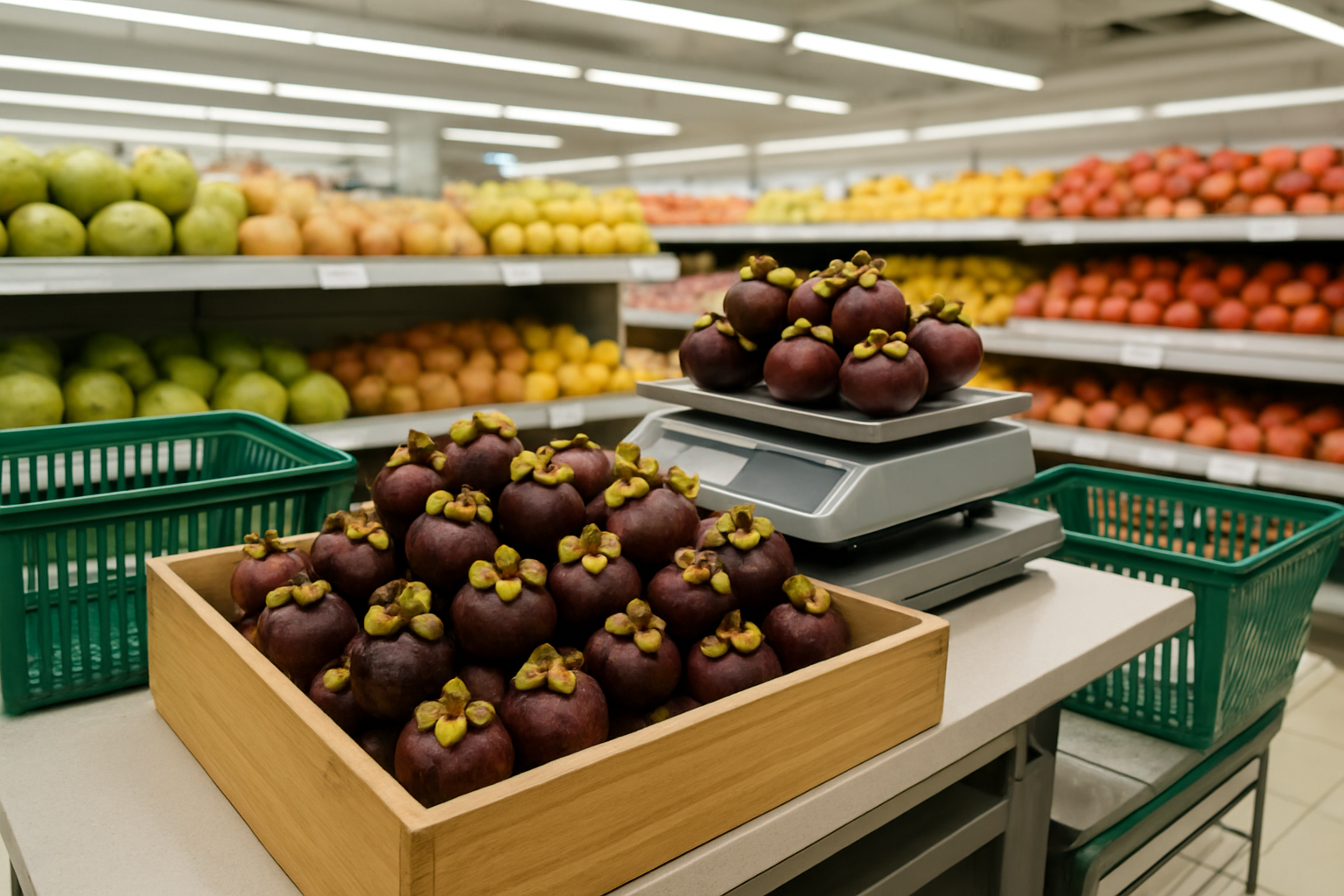 Create a realistic image of fresh mangosteen fruits displayed in a modern grocery store setting with some fruits in wooden crates and others arranged on digital scales, shopping baskets nearby, bright commercial lighting overhead, clean white shelves in the background, and price tags visible near the fruit displays, showing a typical retail fruit section where customers can purchase exotic fruits. Absolutely NO text should be in the scene.