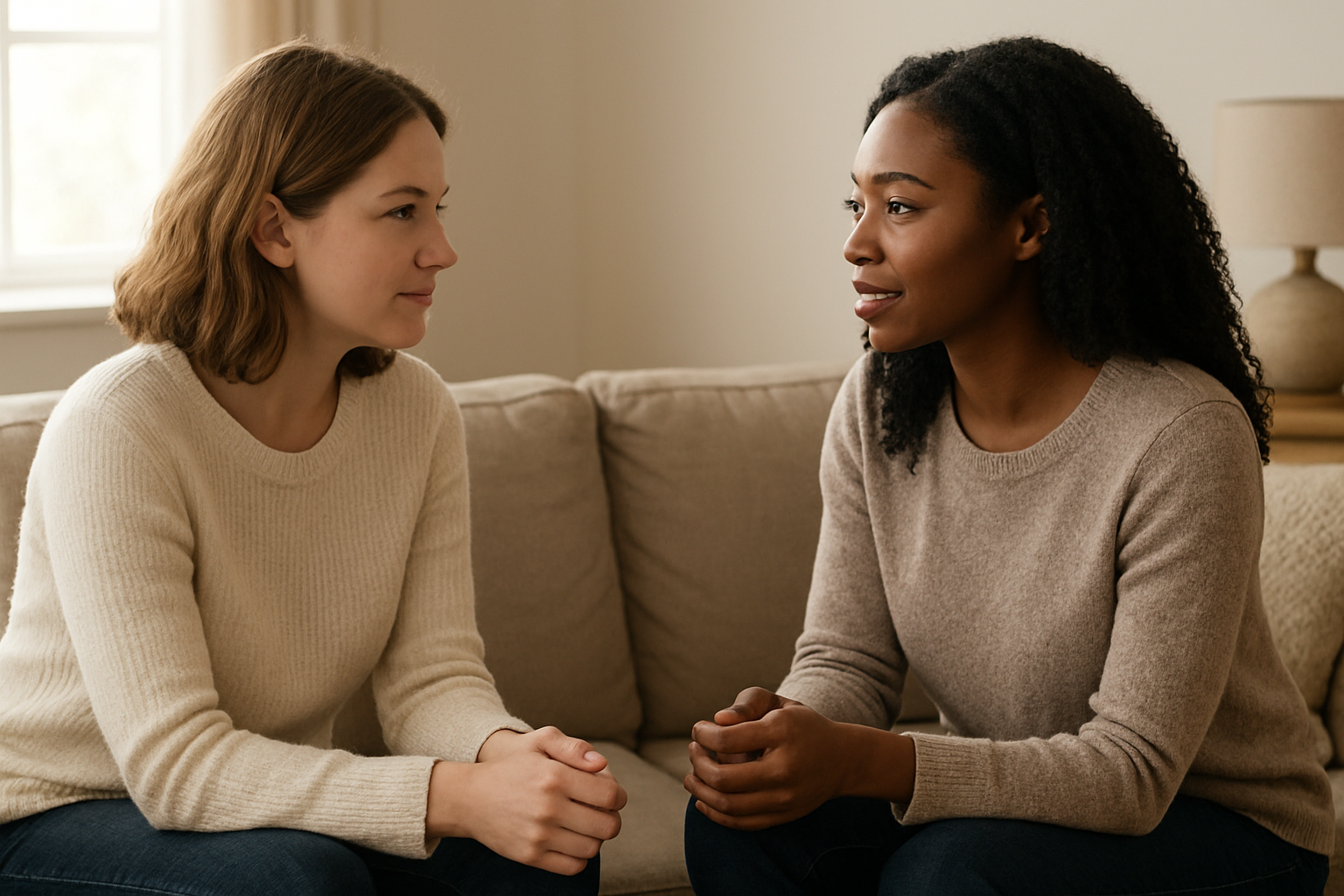 Create a realistic image of two women sitting face-to-face in a comfortable living room setting, one white woman and one black woman, both appearing engaged in intimate conversation with the listener leaning slightly forward showing attentive body language, soft natural lighting from a nearby window, cozy atmosphere with neutral-toned furniture and soft textures in the background, both women displaying open and receptive facial expressions that demonstrate active listening and meaningful connection, warm and inviting mood, absolutely NO text should be in the scene.