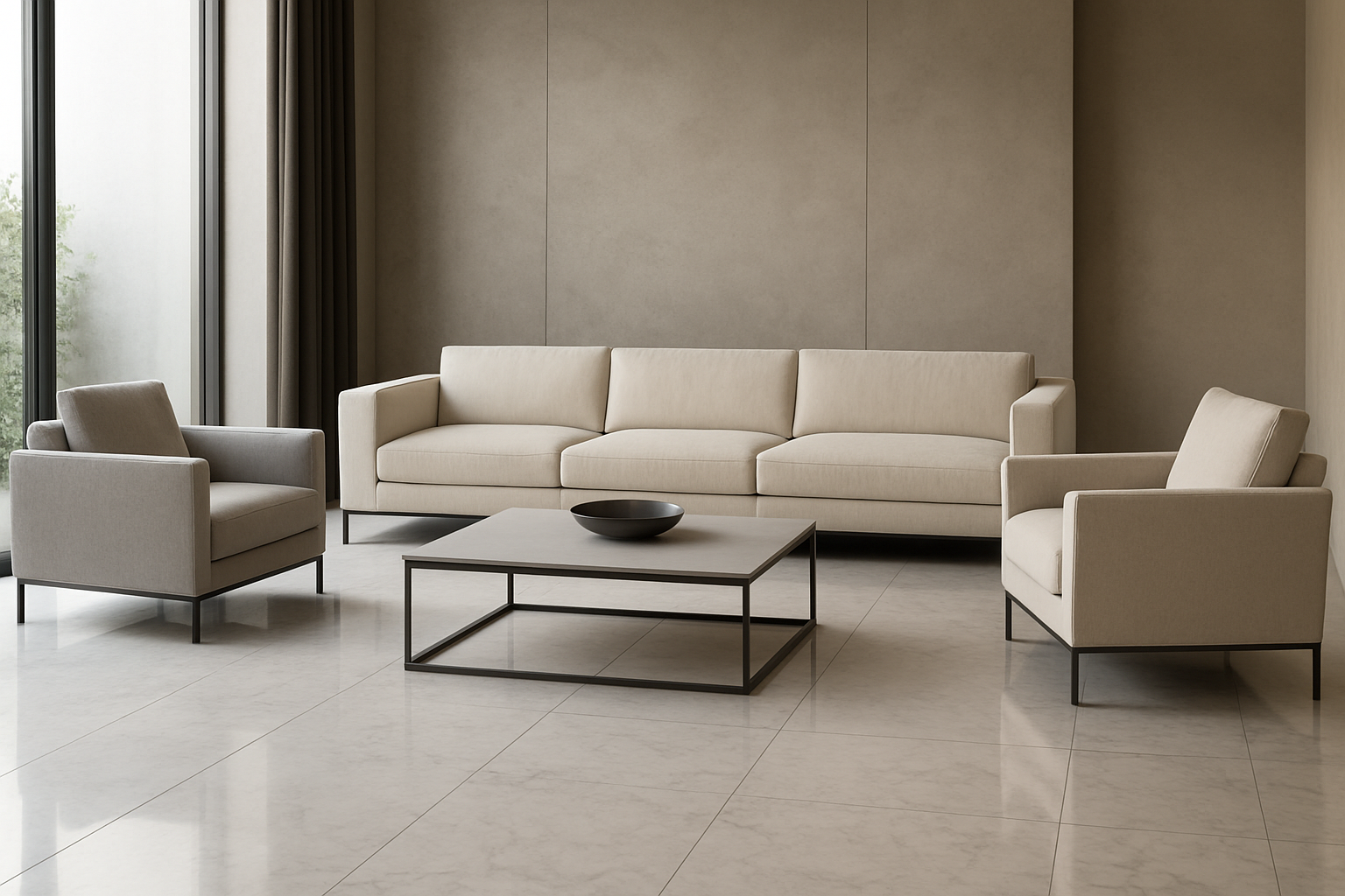 Create a realistic image of a luxurious modern living room showcasing custom-tailored contemporary sofas with clean lines and geometric shapes, featuring multiple seating arrangements including a sleek sectional sofa and individual armchairs in neutral colors like beige, gray, and white, with premium fabric upholstery and metal accents, placed on a polished marble floor with a minimalist coffee table, floor-to-ceiling windows allowing natural daylight to illuminate the space, creating an elegant and sophisticated atmosphere that highlights the quality craftsmanship and bespoke design elements of the furniture, absolutely NO text should be in the scene.