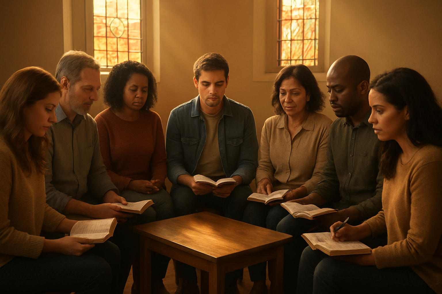 Create a realistic image of a diverse group of people including white, black, and Hispanic men and women of various ages sitting in a circle during a Bible study session, with open Bibles and notebooks in their hands, soft warm lighting filtering through stained glass windows in the background, peaceful and contemplative expressions on their faces as they engage in spiritual discussion, wooden chairs and a simple wooden table in the center, warm golden hour lighting creating a serene atmosphere of faith and community, absolutely NO text should be in the scene.