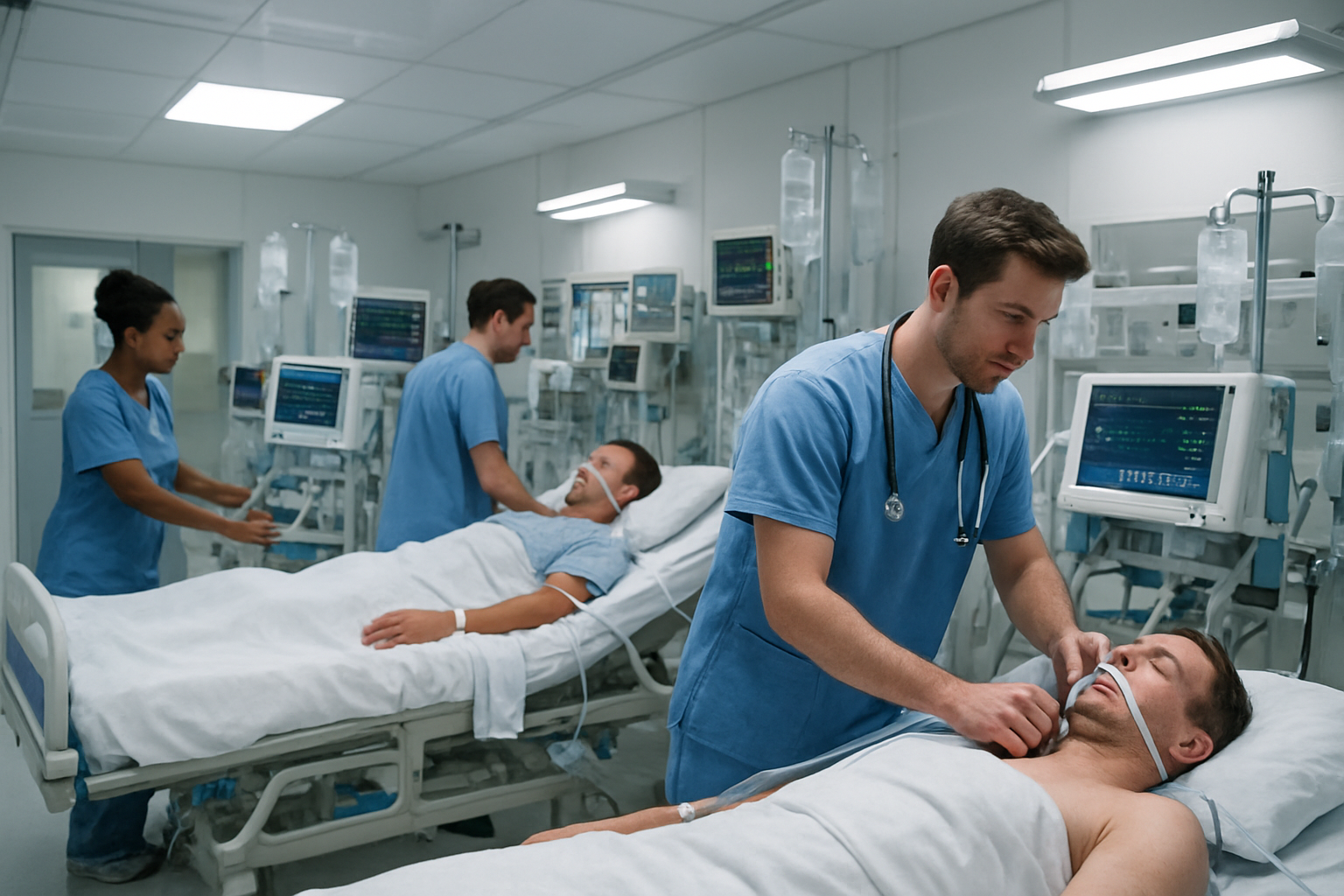 Create a realistic image of a modern critical care unit in a top-tier American hospital showing medical professionals in scrubs attending to patients in ICU beds surrounded by advanced life-support equipment including ventilators, heart monitors, IV drips, and digital displays showing vital signs, with white male and black female doctors and nurses working urgently, sterile white and blue hospital environment with bright clinical lighting, emergency medical atmosphere conveying life-saving treatment in progress, absolutely NO text should be in the scene.