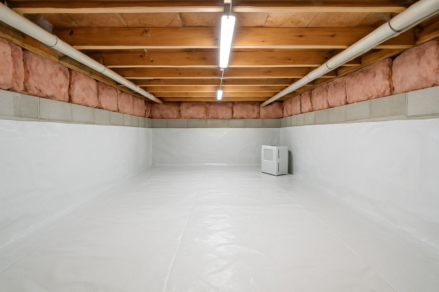 Create a realistic image of a clean, well-lit crawl space interior showing a properly encapsulated space with white vapor barrier covering the ground and walls, a small dehumidifier unit in the corner, sealed foundation walls, and organized insulation, with bright LED lighting illuminating the pristine condition, conveying a sense of completion and professional quality workmanship in a dry, healthy home environment, absolutely NO text should be in the scene.