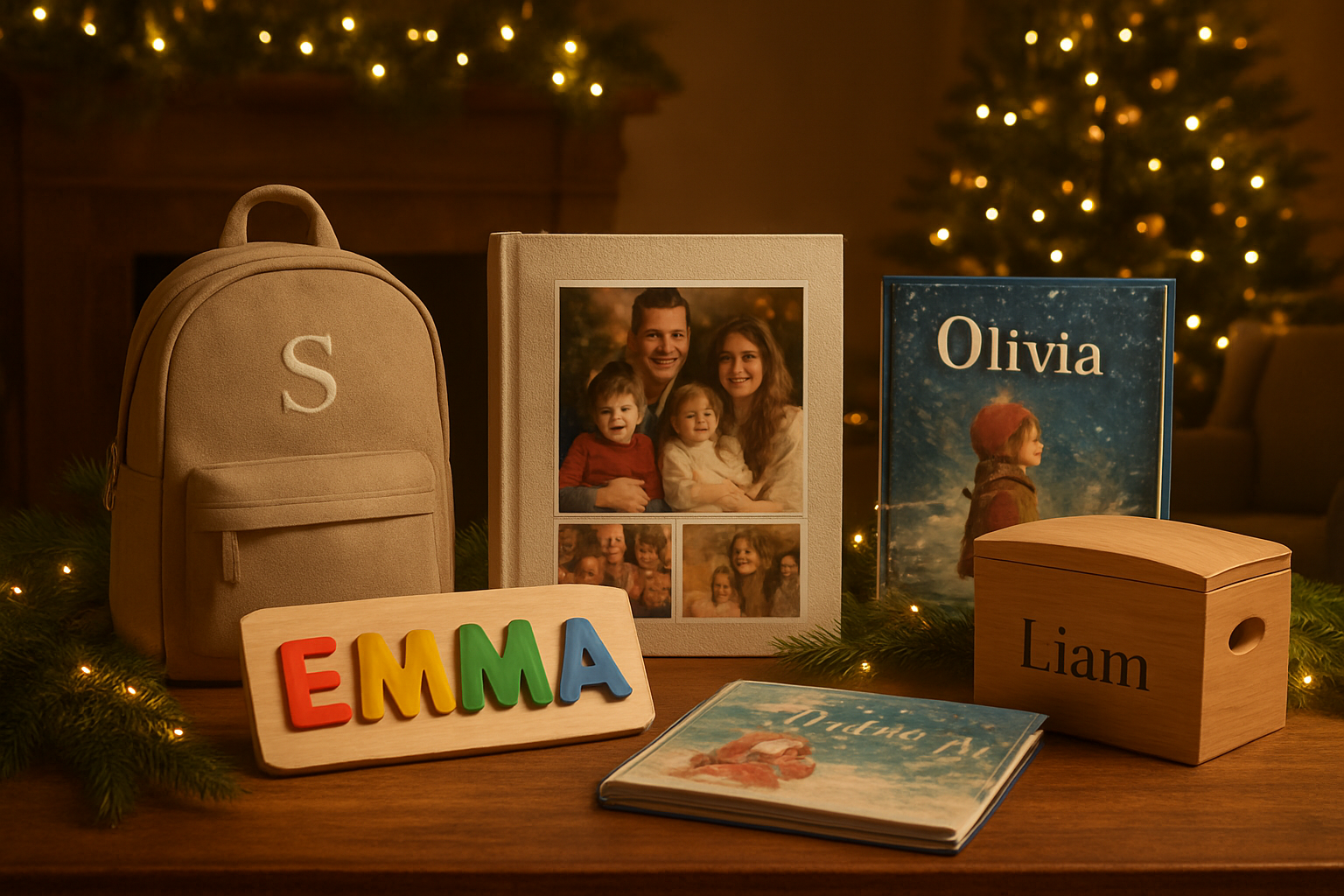 Create a realistic image of a collection of personalized Christmas gifts for children arranged on a wooden table, including a custom name puzzle with colorful wooden letters, a personalized photo album with family pictures, a monogrammed backpack, custom story books with children's names on covers, and a personalized wooden toy box, surrounded by soft Christmas decorations like pine branches and warm fairy lights, with a cozy living room background featuring a fireplace and Christmas tree, warm golden lighting creating a nostalgic and heartwarming atmosphere, absolutely NO text should be in the scene.