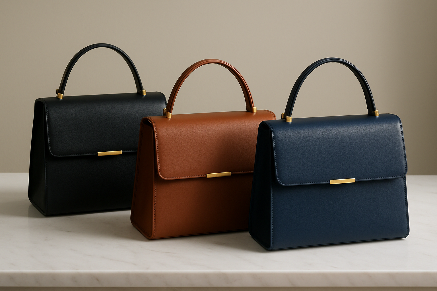 Create a realistic image of three elegant minimalist handbags arranged on a clean white marble surface, showcasing strategic color choices with one bag in classic black leather, one in rich cognac brown, and one in sophisticated navy blue, each featuring sleek geometric designs with minimal hardware in brushed gold, shot with soft natural lighting from the side creating subtle shadows, with a neutral beige background wall, emphasizing the luxurious textures and premium color palette that elevates their perceived value, absolutely NO text should be in the scene.