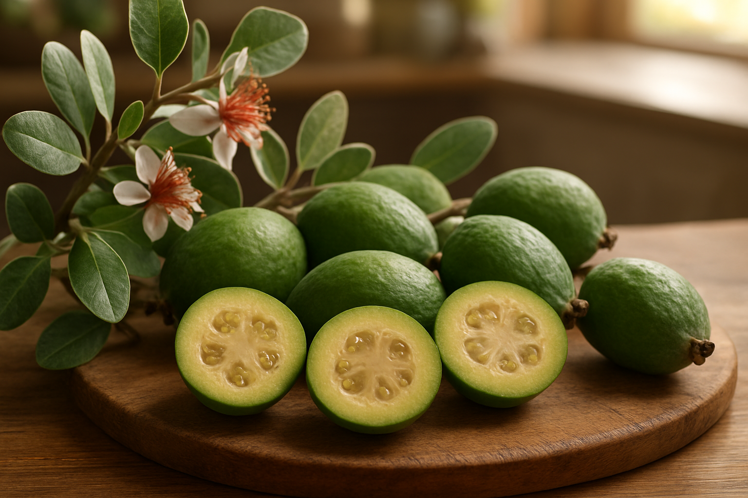 Create a realistic image of fresh feijoa fruits (pineapple guavas) arranged elegantly on a rustic wooden cutting board, with some fruits whole showing their distinctive green oval shape with slightly rough textured skin, and others cut in half revealing the translucent jelly-like flesh with small seeds in the center, surrounded by feijoa tree branches with silvery-green leaves and small white flowers with prominent red stamens, set against a soft-focus kitchen counter background with warm natural lighting streaming from a nearby window, creating a cozy and inviting atmosphere that showcases the complete feijoa experience from garden to table. Absolutely NO text should be in the scene.