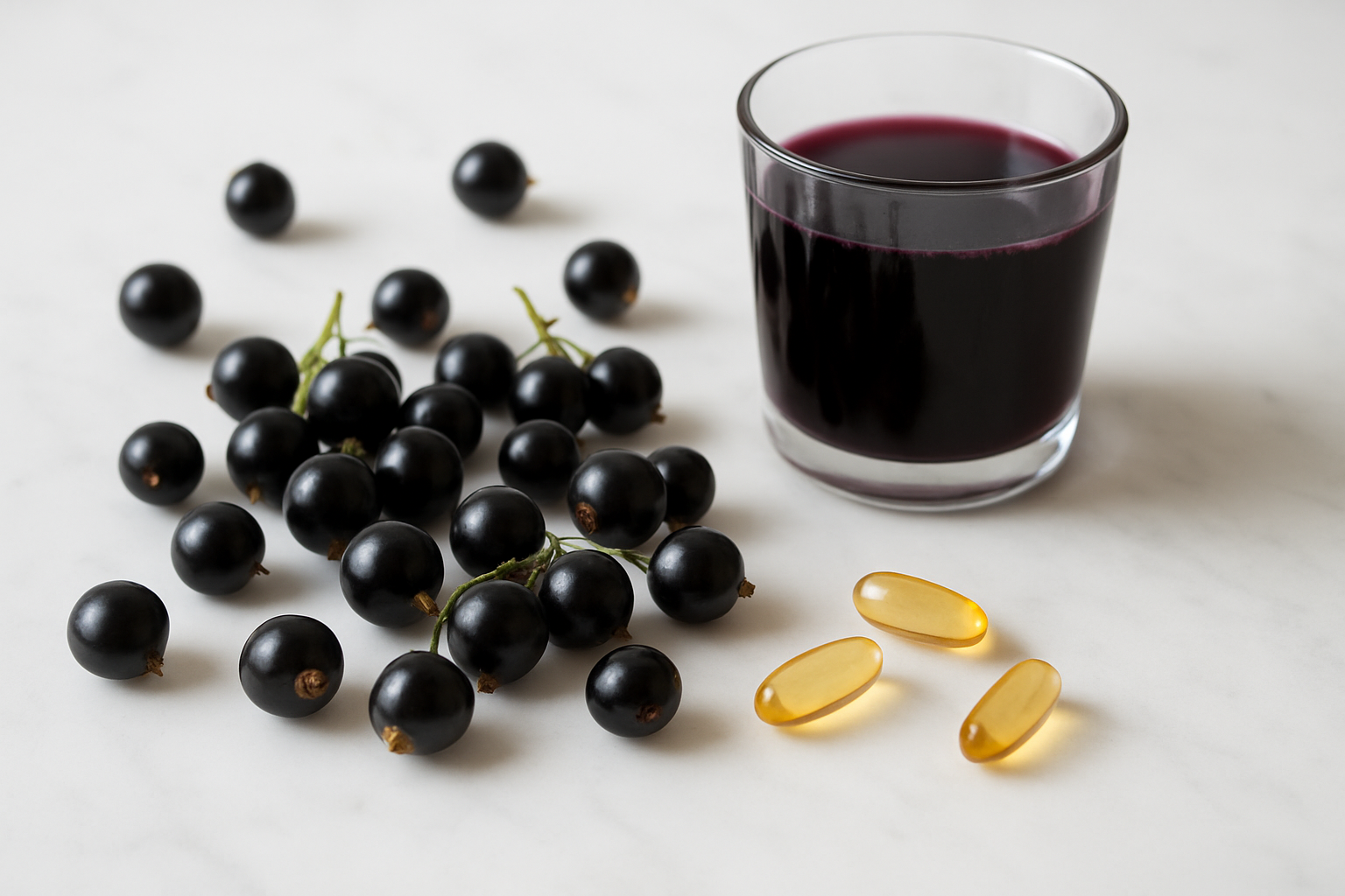 Create a realistic image of fresh black currants arranged artistically on a clean white marble surface with some berries scattered individually and others still on their delicate green stems, accompanied by subtle visual elements suggesting nutrition like a glass of deep purple black currant juice and perhaps a few vitamin capsules nearby, all captured with soft natural lighting that highlights the deep purple-black color and glossy texture of the berries, creating a fresh and healthy atmosphere that emphasizes the nutritional benefits theme, with a clean minimalist background that keeps focus on the black currants as the main subject, absolutely NO text should be in the scene.