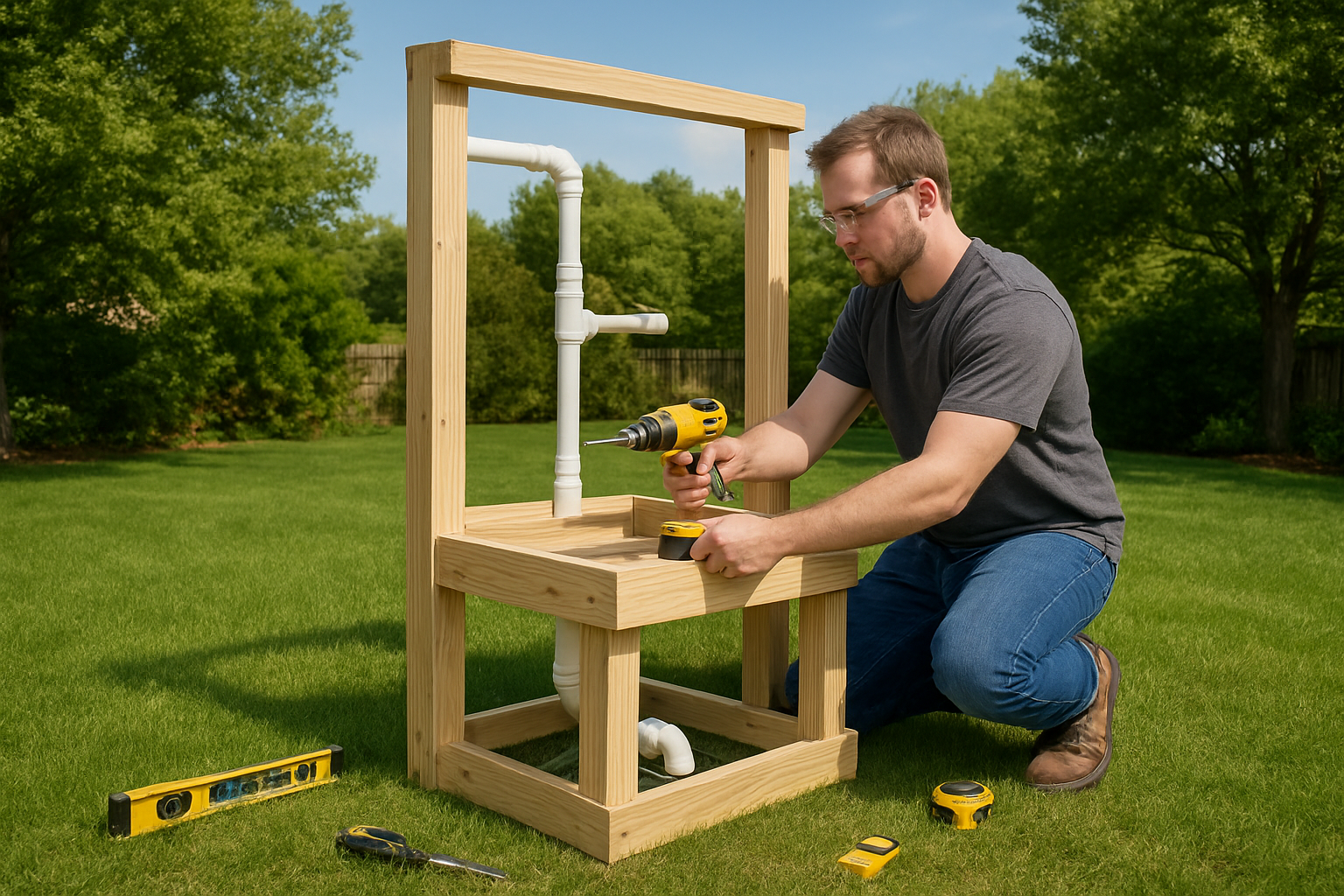 Create a realistic image of a white male person in casual work clothes and safety glasses constructing an outdoor pet wash station in a backyard setting, showing wooden frame assembly with PVC pipes, basic plumbing connections, and construction tools like drill, level, and measuring tape scattered around, with partially completed wash station structure featuring a raised platform and drainage system, surrounded by green grass and trees in natural daylight with clear blue sky background. Absolutely NO text should be in the scene.