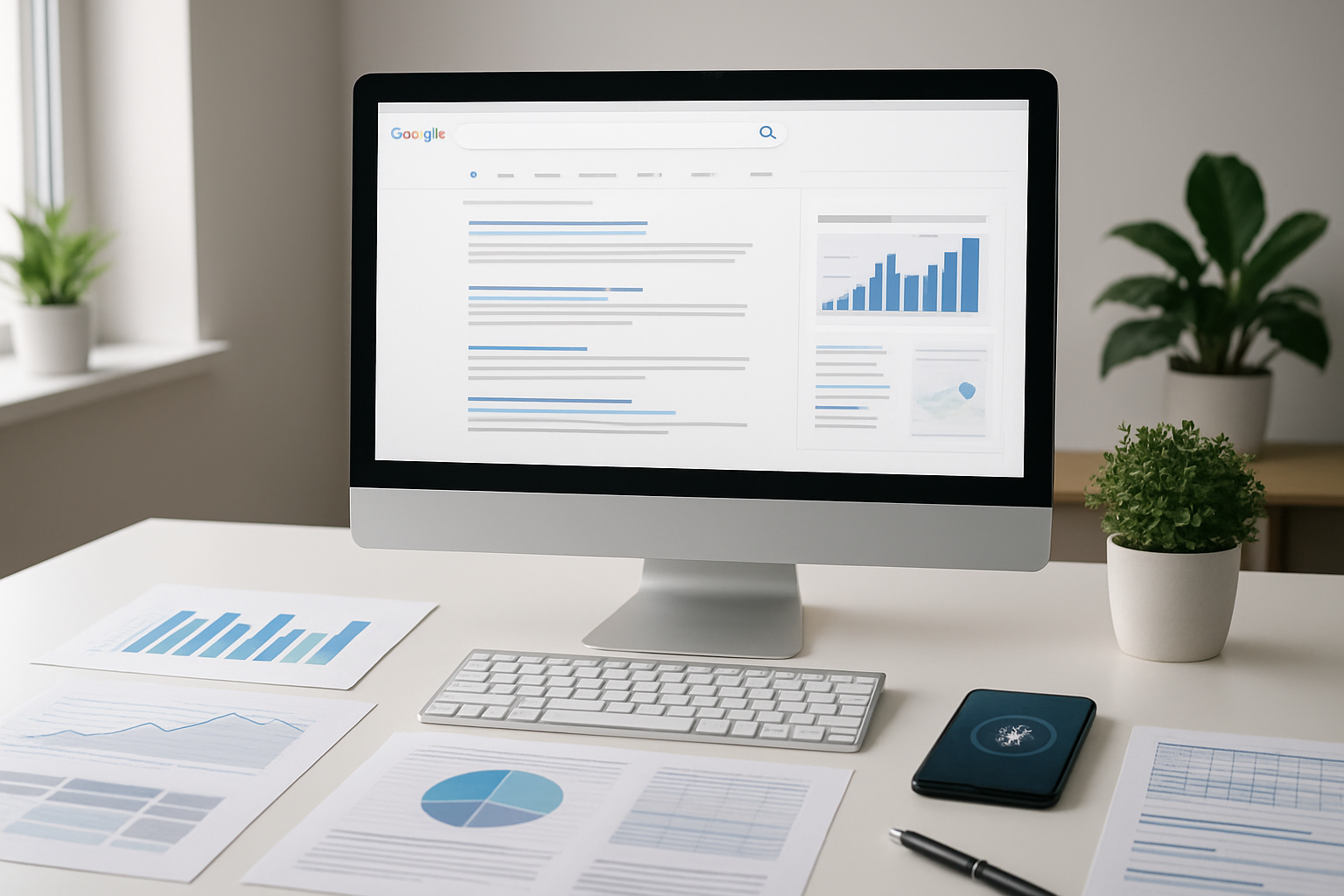 Create a realistic image of a modern digital marketing workspace showing a sleek computer monitor displaying search engine results with featured snippets and knowledge panels, surrounded by strategic planning documents, charts showing search analytics data, and a smartphone displaying voice search interface, with a clean white desk surface, soft natural lighting from a window, and a minimalist office background with plants, conveying a professional and innovative atmosphere focused on search optimization strategy development, absolutely NO text should be in the scene.