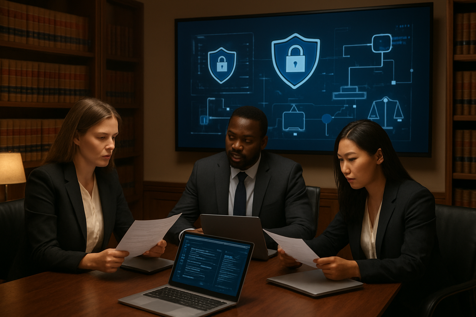 Create a realistic image of a modern law office conference room with a diverse group of three legal professionals - one white female lawyer, one black male attorney, and one Asian female paralegal - gathered around a sleek conference table reviewing documents and laptops displaying legal software interfaces, with digital security icons and AI workflow diagrams visible on a large wall-mounted screen, surrounded by traditional law books on shelves, warm professional lighting creating a trustworthy atmosphere, emphasizing the integration of cutting-edge technology with established legal practice, absolutely NO text should be in the scene.