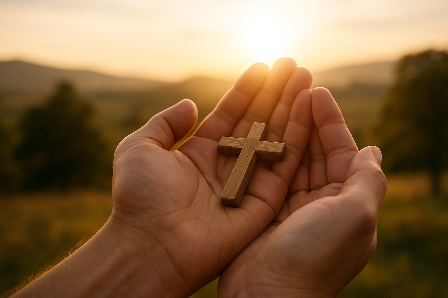 Create a realistic image of hands gently holding a small wooden cross in cupped palms, with soft golden sunlight filtering through the fingers, set against a peaceful outdoor background of rolling hills and distant trees, conveying a sense of reverence, commitment, and spiritual dedication through warm, contemplative lighting that creates a serene and sacred atmosphere. Absolutely NO text should be in the scene.
