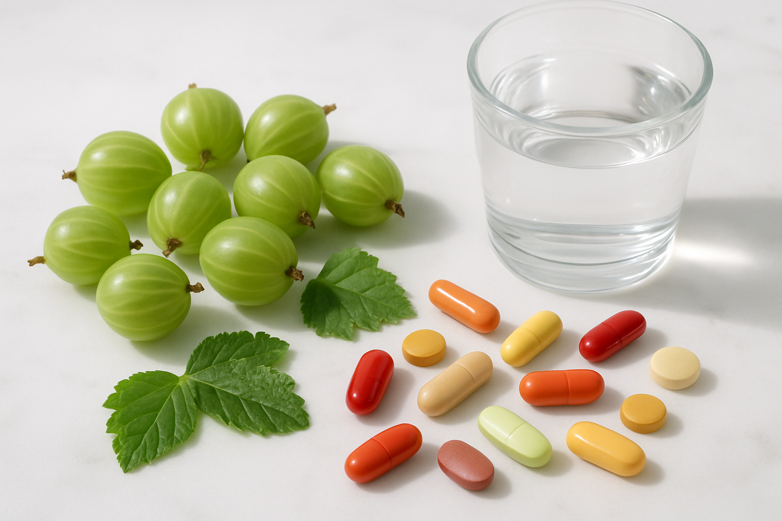 Create a realistic image of fresh gooseberries arranged on a clean white marble surface alongside colorful vitamin capsules, fresh green leaves, and a glass of clear water, with soft natural lighting from above creating gentle shadows, featuring a bright and healthy atmosphere that emphasizes wellness and nutrition, absolutely NO text should be in the scene.