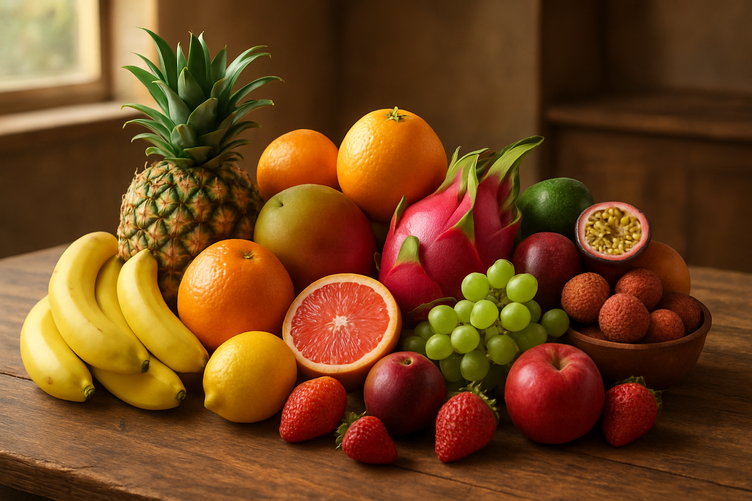 Create a realistic image of a diverse collection of the world's most popular fruits artistically arranged on a rustic wooden table, featuring tropical fruits like pineapples, mangoes, and bananas, citrus fruits including oranges, lemons, and grapefruits, temperate climate favorites such as apples, grapes, and strawberries, and exotic regional specialties like dragon fruit, passion fruit, and lychees, all displayed in an abundant cornucopia-style arrangement with natural soft lighting streaming from a window, creating gentle shadows and highlighting the vibrant colors and textures of each fruit, set against a warm kitchen or market backdrop with earth-tone colors, conveying a sense of global abundance and diversity in a welcoming, harvest-celebration atmosphere, absolutely NO text should be in the scene.