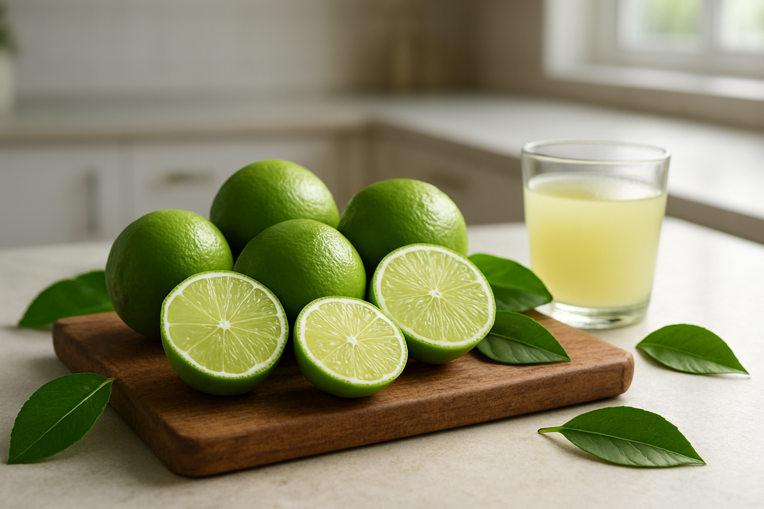 Create a realistic image of fresh green limes arranged artistically on a rustic wooden cutting board, with some limes whole and others cut in half showing their juicy interior, lime tree leaves scattered around, a glass of fresh lime juice nearby, and soft natural lighting from a kitchen window creating warm highlights on the citrus fruits, with a clean modern kitchen counter background that suggests healthy cooking and nutrition, absolutely NO text should be in the scene.