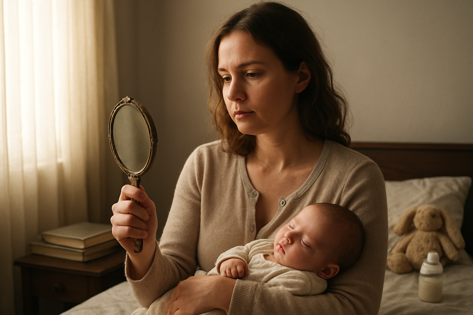 Create a realistic image of a white female mother in her early thirties sitting quietly in a softly lit bedroom, gazing thoughtfully at her reflection in a vintage hand mirror while her sleeping newborn baby rests peacefully in her other arm, with gentle morning sunlight filtering through sheer curtains creating a warm, contemplative atmosphere that captures the introspective moment of self-discovery and transformation, surrounded by subtle hints of her previous life like books and a laptop on a nearby nightstand now sharing space with baby items, conveying the profound internal shift between who she was and who she is becoming as a mother, absolutely NO text should be in the scene.