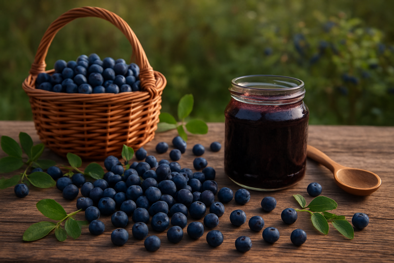 Create a realistic image of fresh huckleberries scattered on a rustic wooden table alongside a wicker basket filled with more huckleberries, with huckleberry leaves and small branches artfully arranged around them, a glass jar of homemade huckleberry jam with a wooden spoon beside it, and in the soft-focused background a glimpse of wild huckleberry bushes in their natural forest habitat, all captured in warm natural lighting that highlights the deep purple-blue color of the berries and creates a cozy, inviting atmosphere that celebrates both the wild nature and culinary potential of huckleberries, absolutely NO text should be in the scene.