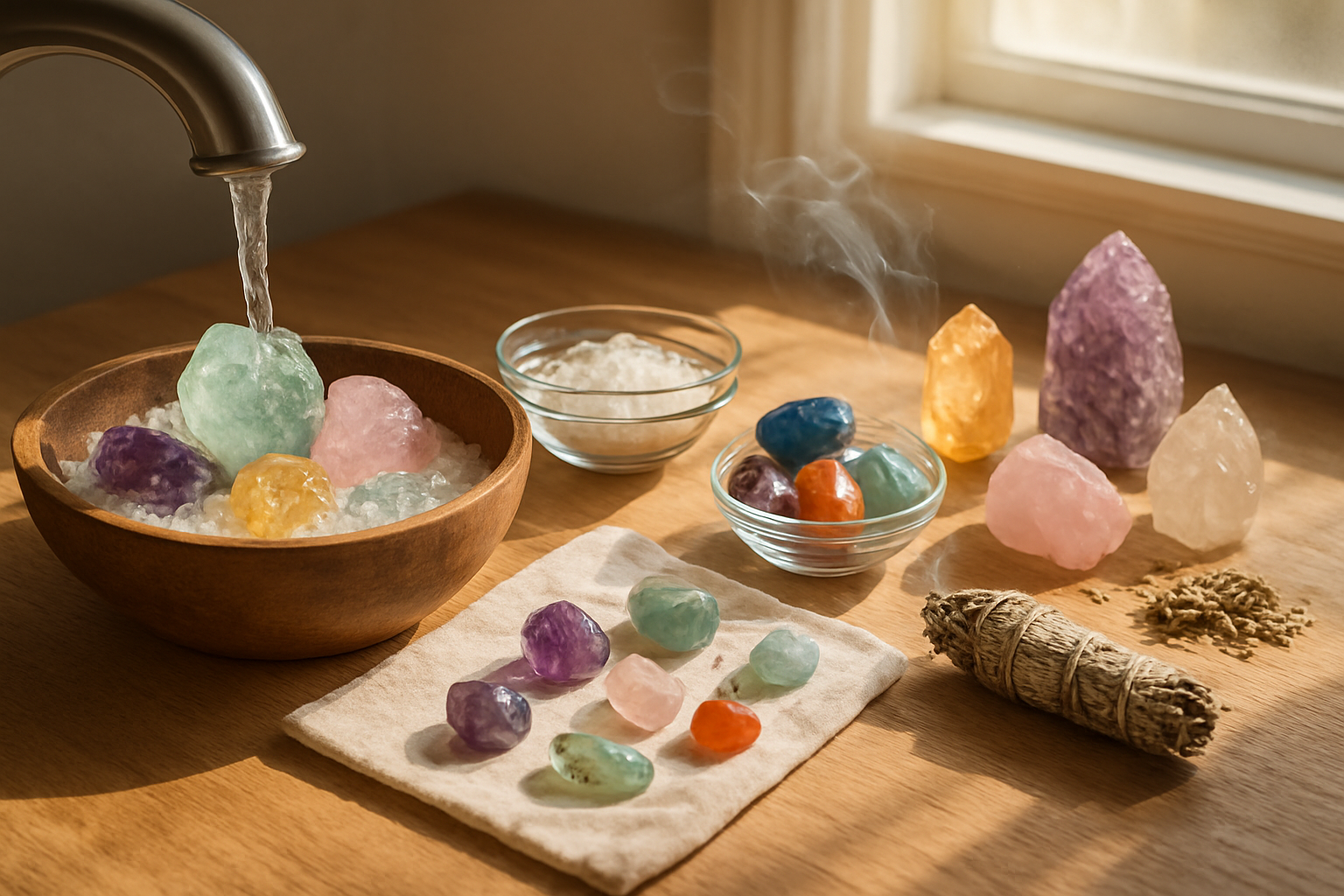 Create a realistic image of various colorful crystals and gemstones being cleaned using different methods, including crystals being rinsed under flowing water from a faucet, crystals placed in a wooden bowl filled with sea salt, crystals arranged on a white cloth near burning sage with gentle smoke wisps, and crystals positioned under soft natural sunlight streaming through a window, set on a clean wooden table surface with small glass bowls and natural cleaning materials like salt and dried herbs scattered around, captured in warm natural lighting that highlights the translucent and reflective properties of the crystals, creating a peaceful and organized cleansing ritual atmosphere, absolutely NO text should be in the scene.