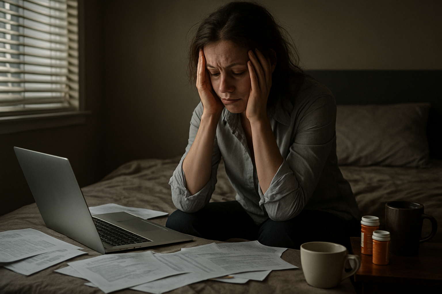Create a realistic image of an exhausted white woman in her 30s sitting at the edge of her unmade bed in a dimly lit bedroom, holding her head in her hands with fatigue, surrounded by scattered work papers, an open laptop glowing, empty coffee cups, and pill bottles on the nightstand, with dark circles under her eyes visible, messy hair, wearing wrinkled work clothes, soft natural lighting filtering through partially closed blinds creating shadows that emphasize the overwhelming atmosphere of burnout and neglect, absolutely NO text should be in the scene.