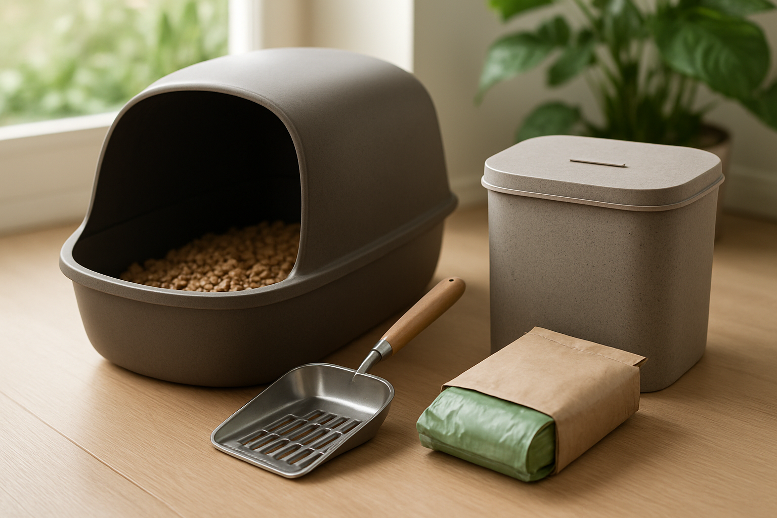 Create a realistic image of a complete eco-friendly cat litter system setup featuring a modern litter box filled with natural wood pellet litter, a sleek metal scoop with wooden handle, a covered waste container made from recycled materials, and packages of biodegradable litter bags arranged on a clean wooden surface, with soft natural lighting from a nearby window, green plants visible in the background creating an environmentally conscious atmosphere, absolutely NO text should be in the scene.