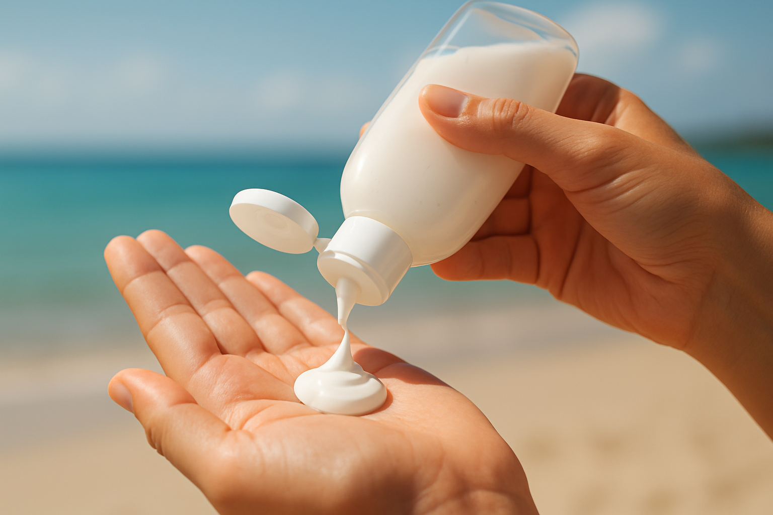 Create a realistic image of a clear glass bottle of traditional sunscreen lotion being squeezed onto a person's palm, with white creamy sunscreen visible on their hand, a pool or beach scene softly blurred in the background, bright natural daylight creating a sunny summer atmosphere, showing the protective application process of sunscreen, absolutely NO text should be in the scene.