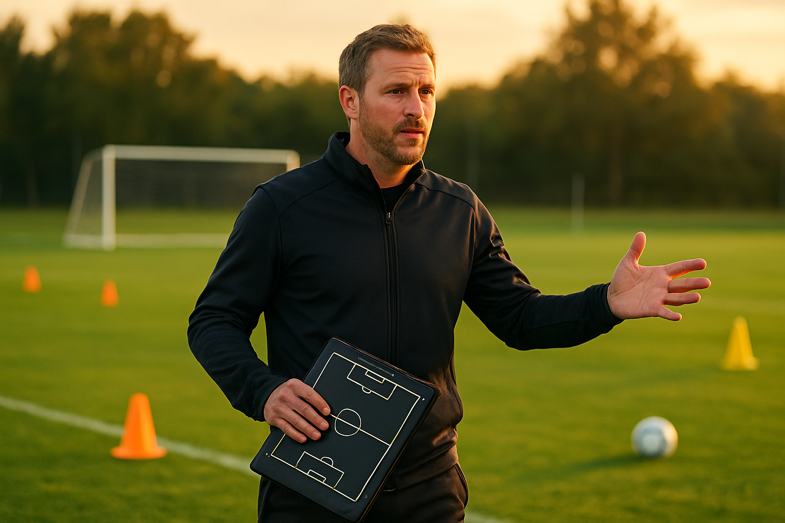 Create a realistic image of a white male football coach in his 40s standing confidently on a training ground sideline, gesturing with his hands while speaking to players, wearing modern coaching attire with a tactical clipboard in one hand, surrounded by professional football training equipment and goal posts in the background, captured during golden hour lighting that emphasizes his authoritative yet approachable demeanor, with grass football pitch and training cones visible, showing dynamic body language that conveys leadership and clear communication. Absolutely NO text should be in the scene.