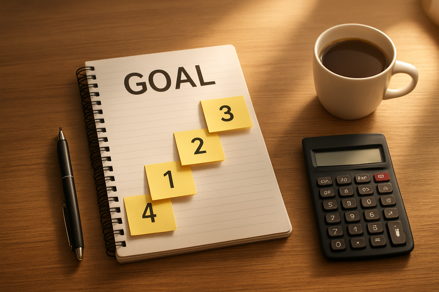 Create a realistic image of a wooden desk surface with a large goal written on a notepad being broken down into smaller, numbered steps on sticky notes arranged in a descending staircase pattern, with a pen, calculator, and coffee cup nearby, soft natural lighting from a window, warm and organized atmosphere, absolutely NO text should be in the scene.