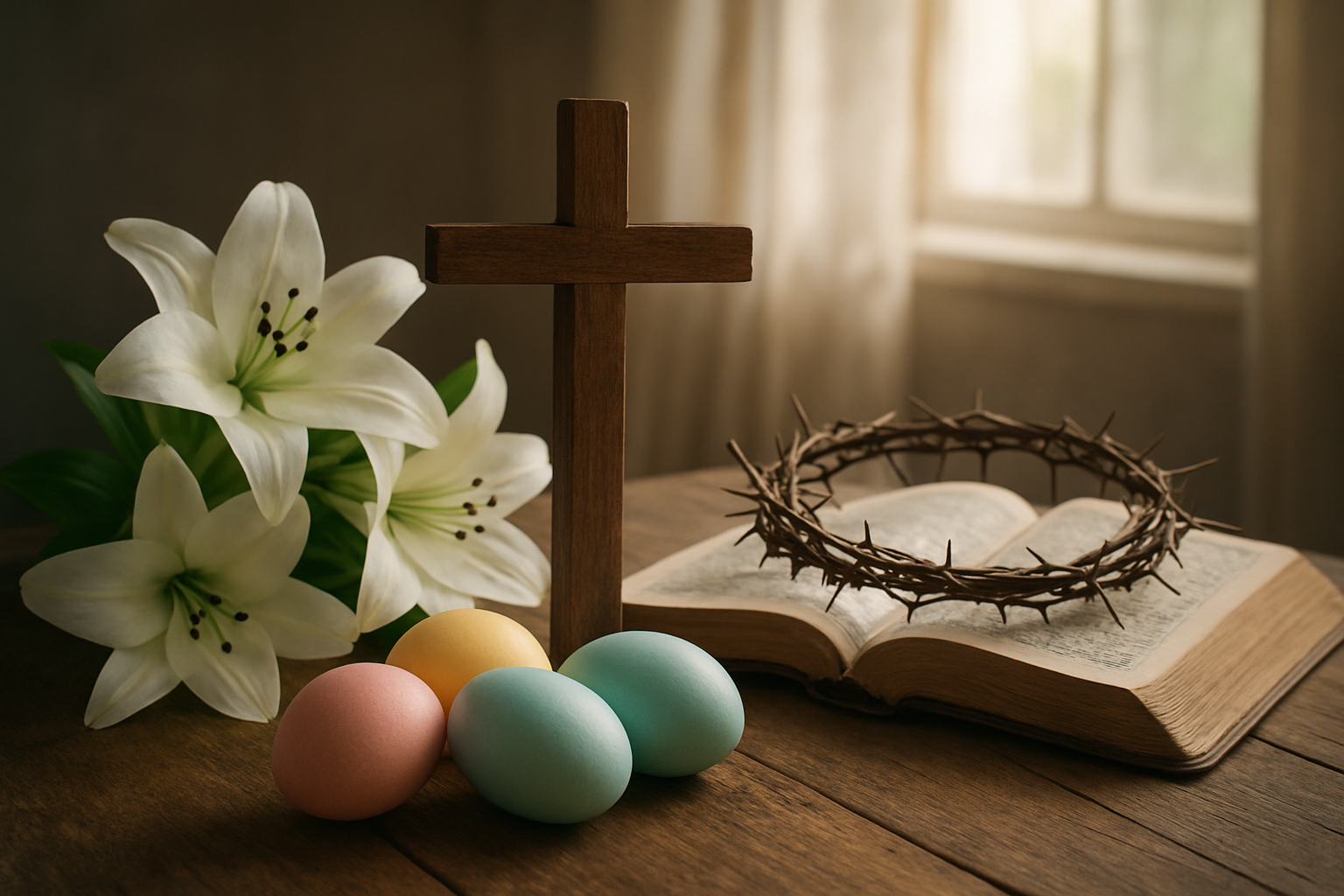 Create a realistic image of a beautifully arranged Easter scene featuring traditional Christian symbols including a wooden cross, painted Easter eggs in pastel colors, fresh white lilies, a crown of thorns, and an open Bible, all arranged on a rustic wooden table with soft natural lighting streaming through a window, creating a peaceful and reverent atmosphere that connects Easter traditions with their deeper Christian meanings, Absolutely NO text should be in the scene.