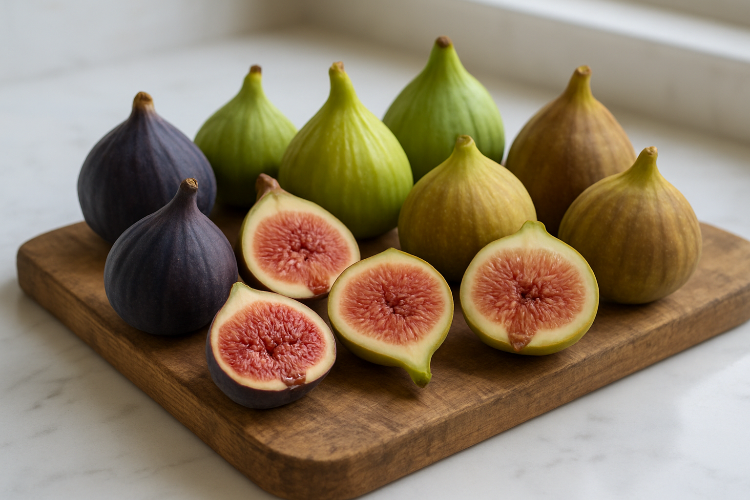 Create a realistic image of multiple fresh fig varieties arranged on a rustic wooden cutting board, showcasing different types including purple-skinned Black Mission figs, green-skinned Calimyrna figs, and brown Turkey figs, with some figs cut in half to reveal their distinct pink and red interior flesh patterns, surrounded by whole figs displaying their unique shapes and skin textures, set against a clean white marble kitchen counter background with soft natural lighting from a nearby window, absolutely NO text should be in the scene.