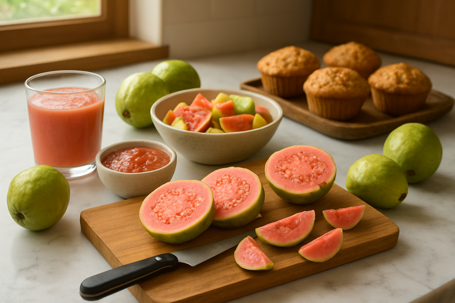 Create a realistic image of a kitchen countertop scene showcasing various culinary uses of guavas with fresh whole guavas, sliced guava pieces revealing pink flesh and seeds, a bowl of guava jam, a glass of guava juice, guava slices being prepared on a wooden cutting board with a knife, some guava pieces in a fruit salad bowl, and guava being used in baking with muffins or pastries, all arranged on a clean marble or wooden kitchen counter with natural lighting from a window, warm and inviting cooking atmosphere, absolutely NO text should be in the scene.
