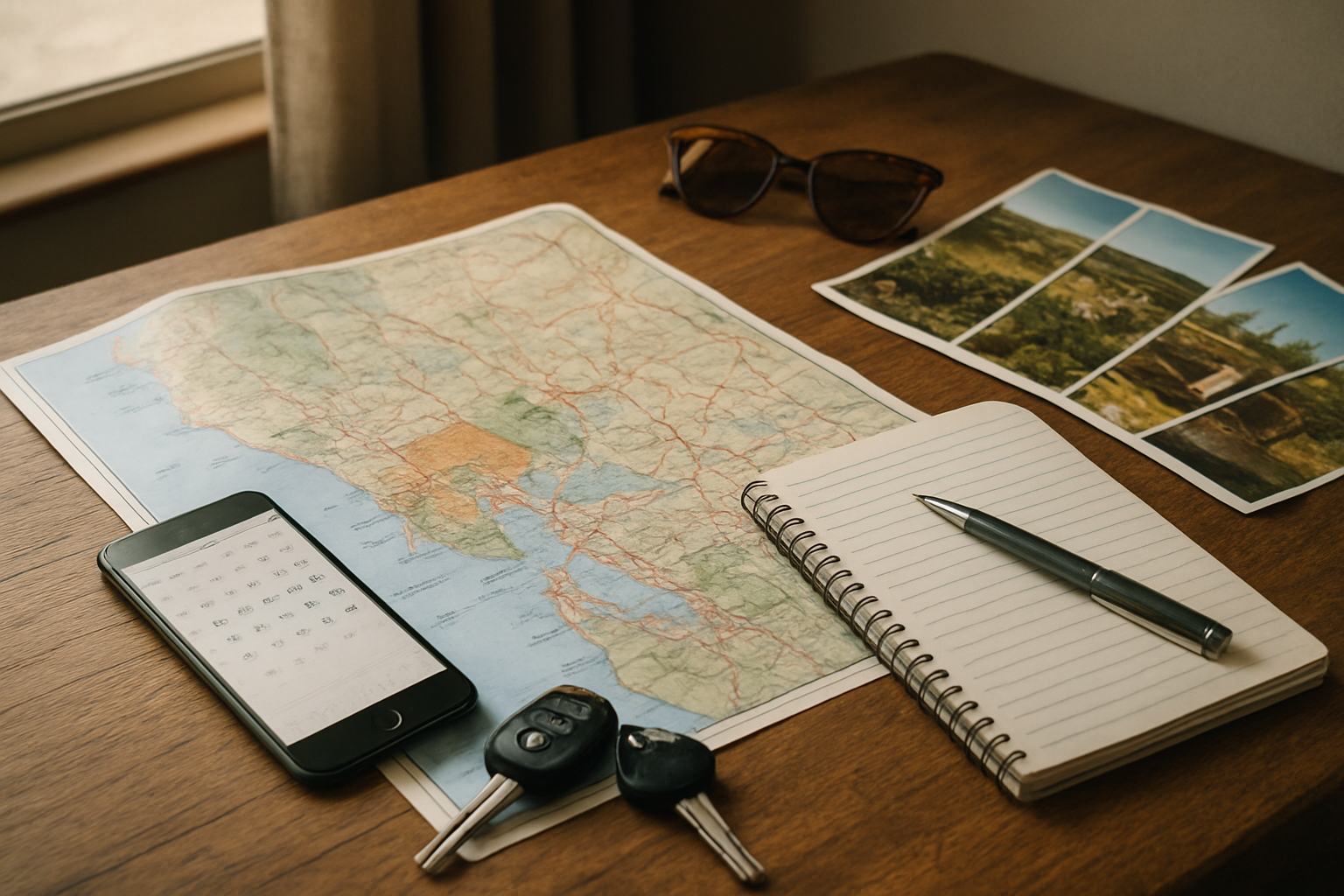 Create a realistic image of a wooden table with travel planning materials spread across it including an open road map showing California wine country regions, a smartphone displaying a calendar app, car keys, a budget planning notebook with a pen, travel brochures for wineries, and a pair of sunglasses, set in a cozy indoor setting with soft natural lighting from a nearby window, creating a thoughtful planning atmosphere, absolutely NO text should be in the scene.