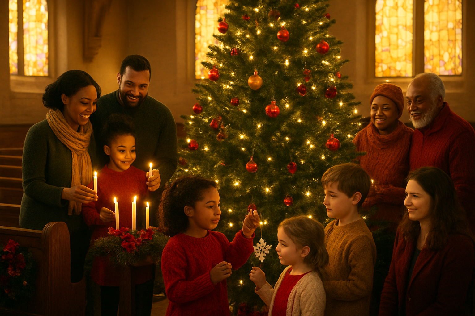 Create a realistic image of a warm church sanctuary decorated for Christmas with diverse congregation members of different races and genders gathered around a large beautifully decorated Christmas tree, families lighting advent candles together, children placing handmade ornaments on the tree while adults watch with smiles, wooden pews visible in the background, soft golden lighting from stained glass windows creating a cozy atmosphere, red and gold Christmas decorations throughout the space, people wearing winter clothing in festive colors, scene capturing the spirit of community and tradition building, absolutely NO text should be in the scene.