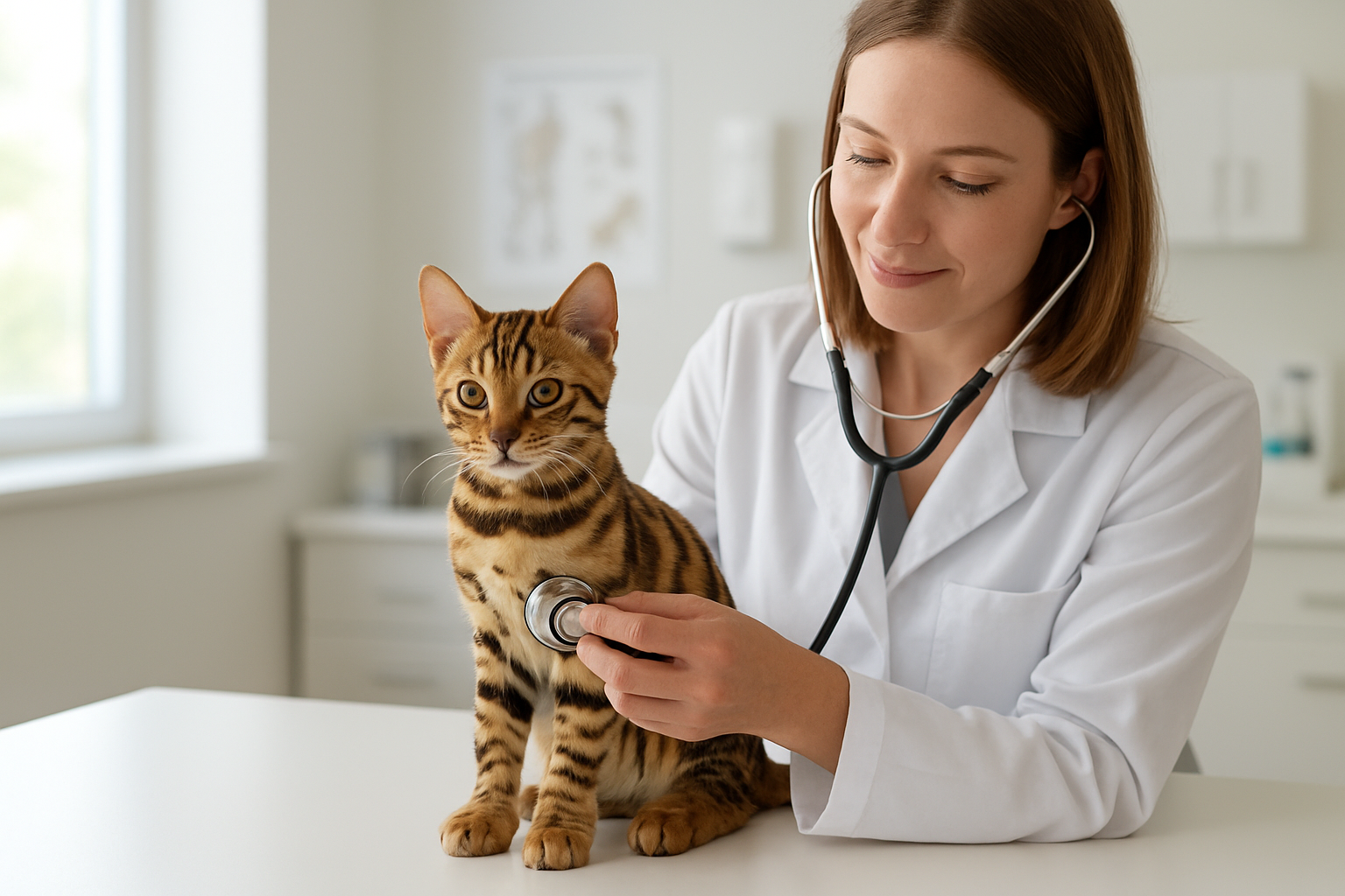 Create a realistic image of a beautiful Bengal kitten with distinctive spotted coat patterns sitting calmly on a clean white examination table in a modern veterinary clinic, with a white female veterinarian in a white coat gently examining the kitten with a stethoscope, soft natural lighting coming through a window, medical equipment and charts visible in the background on clean white walls, creating a professional and caring healthcare atmosphere. Absolutely NO text should be in the scene.