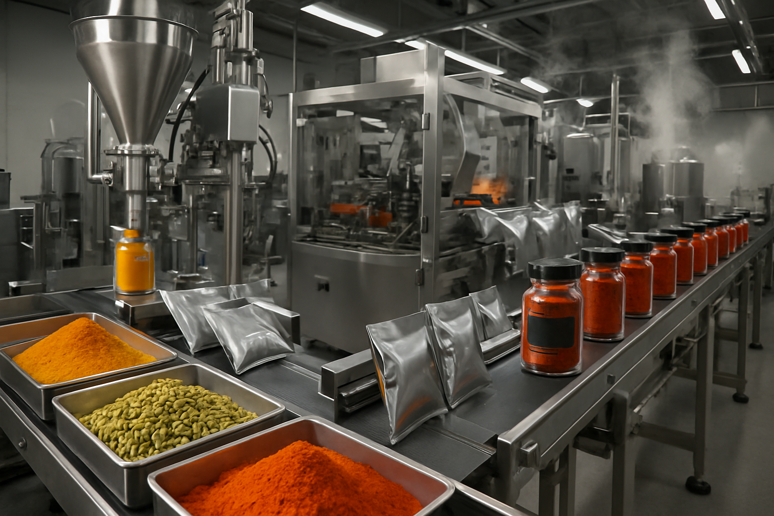 Create a realistic image of a modern spice processing facility showcasing innovative packaging technology with automated machinery filling premium spice containers, featuring sleek stainless steel equipment, colorful Indian spices like turmeric, cardamom, and red chili powder being processed through high-tech sorting and packaging systems, vacuum-sealed pouches and elegant glass jars with premium labels moving along conveyor belts, bright industrial lighting illuminating the clean facility, steam rising from processing equipment, and vibrant spice powders creating a dynamic scene that emphasizes quality and innovation, absolutely NO text should be in the scene.