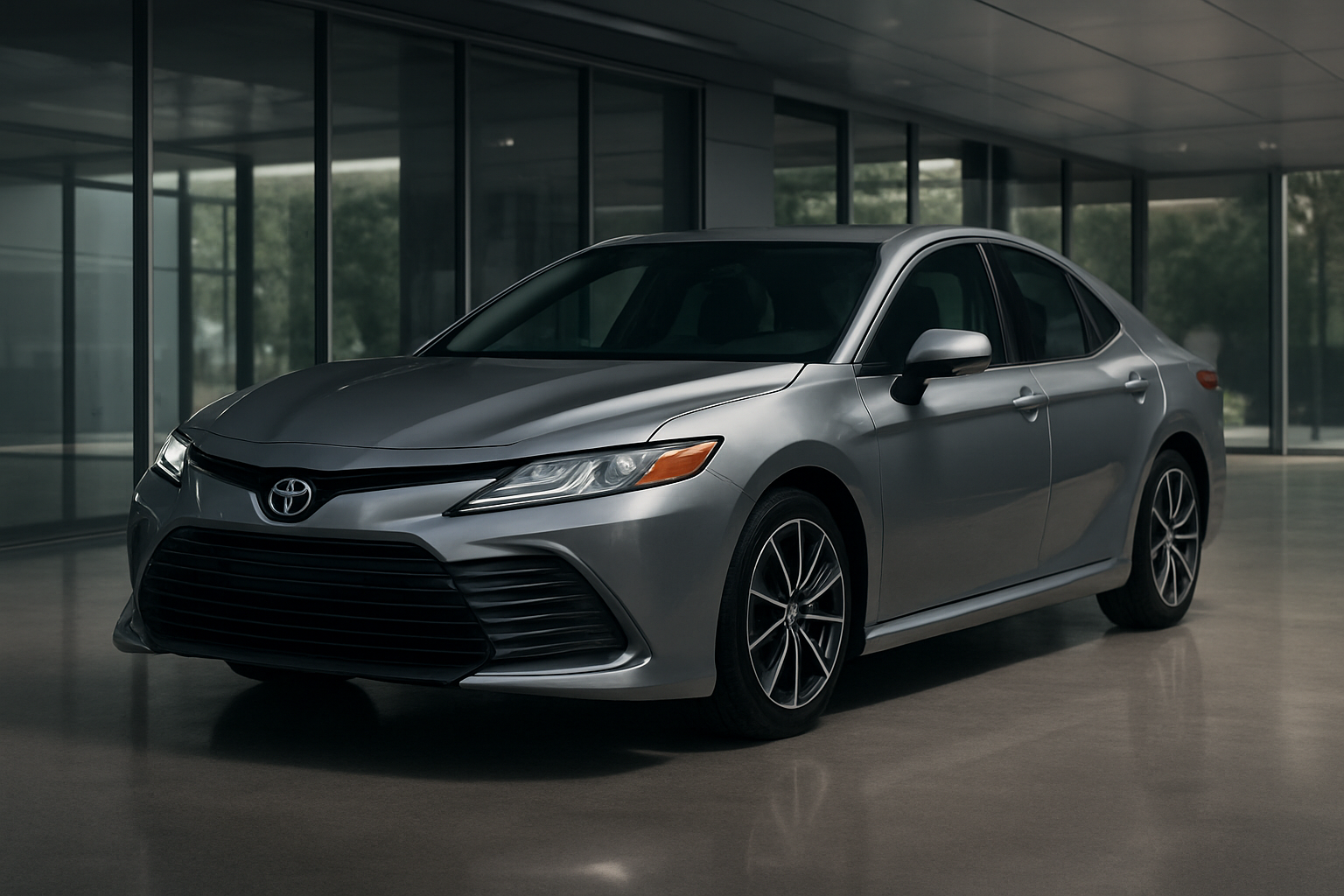 Create a realistic image of a sleek 2026 Toyota Camry sedan in metallic silver parked in a modern automotive showroom with polished concrete floors and large glass windows allowing natural daylight to illuminate the vehicle, showcasing the car's refined exterior design and contemporary styling from a three-quarter front angle, with soft ambient lighting highlighting the vehicle's curves and premium finish, surrounded by a clean minimalist showroom environment with subtle reflections on the floor, conveying a sense of innovation and automotive excellence. Absolutely NO text should be in the scene.