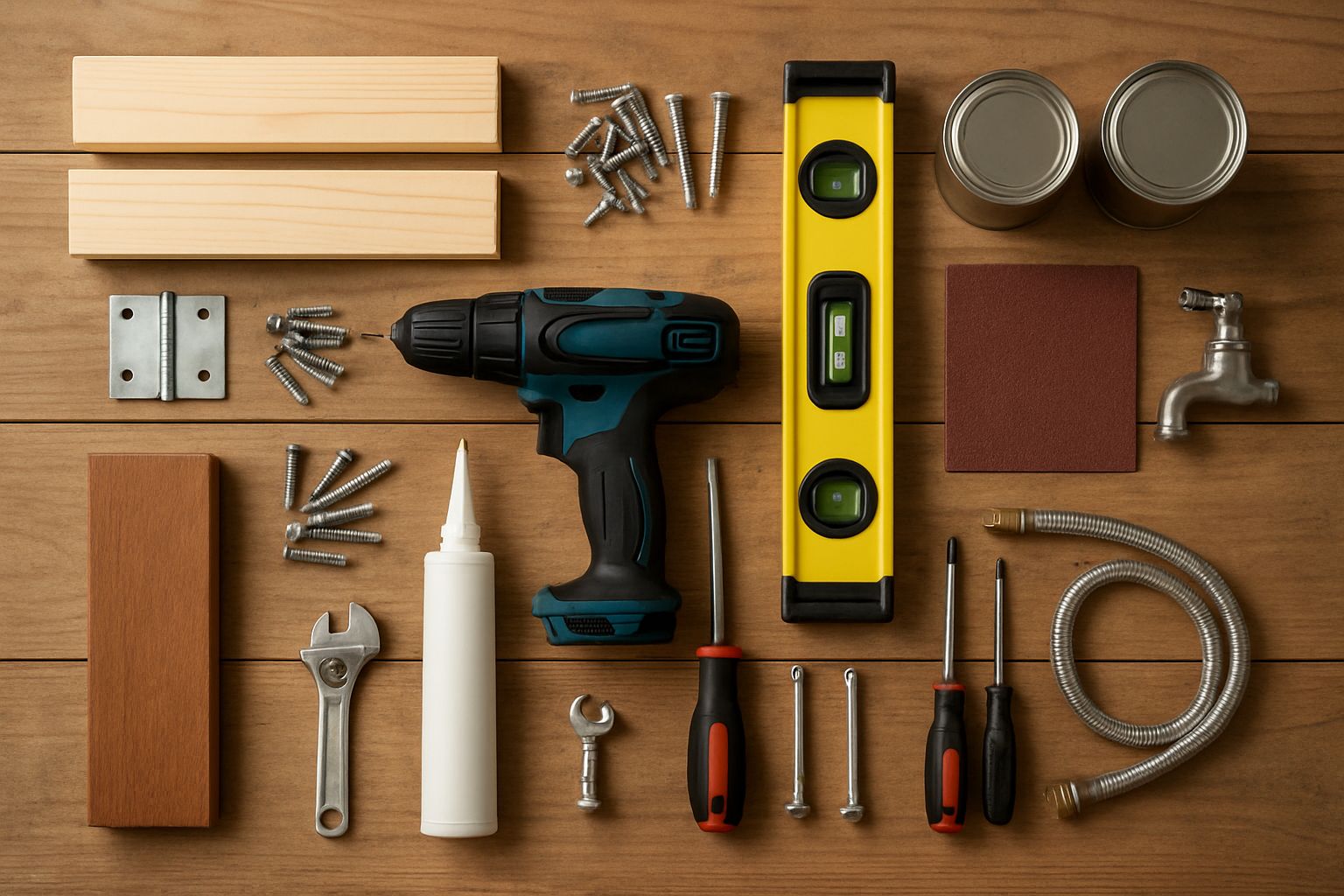 Create a realistic image of a neatly organized collection of DIY construction materials and tools laid out on a wooden workbench or garage surface, including wooden planks, metal hinges, screws and bolts, a cordless drill, measuring tape, level, saw, sandpaper, wood stain or paint cans, plumbing fixtures like a small faucet and flexible hose, waterproof sealant, and basic hand tools like screwdrivers and wrenches, all arranged in an orderly display with good natural lighting from a workshop or garage setting, absolutely NO text should be in the scene.