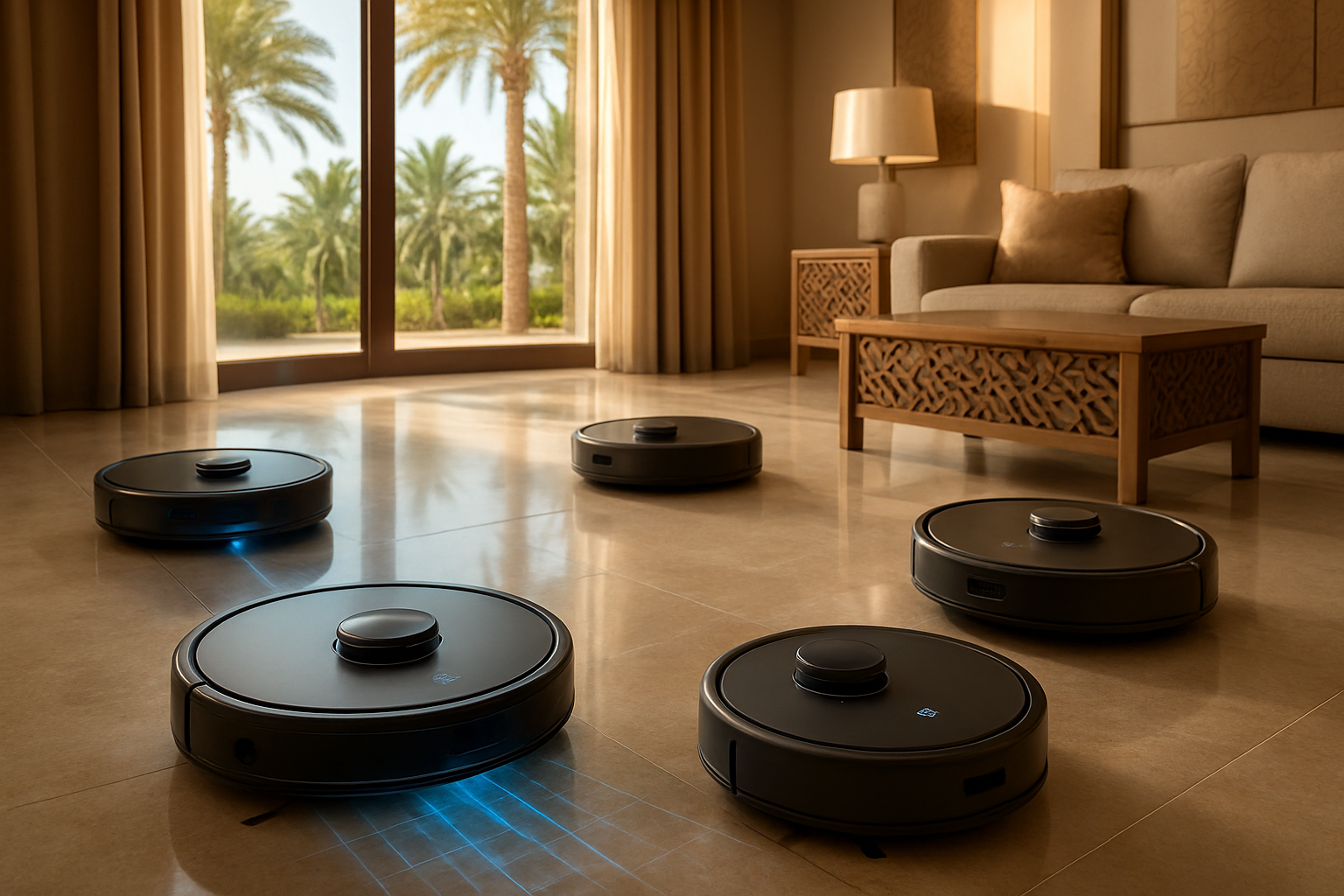 Create a realistic image of multiple smart robotic vacuum cleaners displaying their advanced features in a modern UAE home setting, showing sleek circular robots with LED indicators, sensors, and charging stations, positioned on polished marble floors typical of Emirates homes, with some robots actively cleaning while others demonstrate mapping technology with visible laser sensors, palm trees visible through large windows indicating the UAE location, warm natural lighting creating an upscale domestic atmosphere, featuring modern Arabic-inspired interior design elements like geometric patterns on furniture, absolutely NO text should be in the scene.